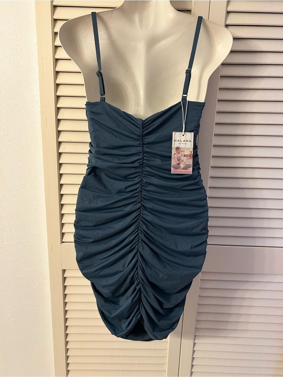 HALARA Teal Ruched bodycon Spaghetti-Strap Mini Dress nwt