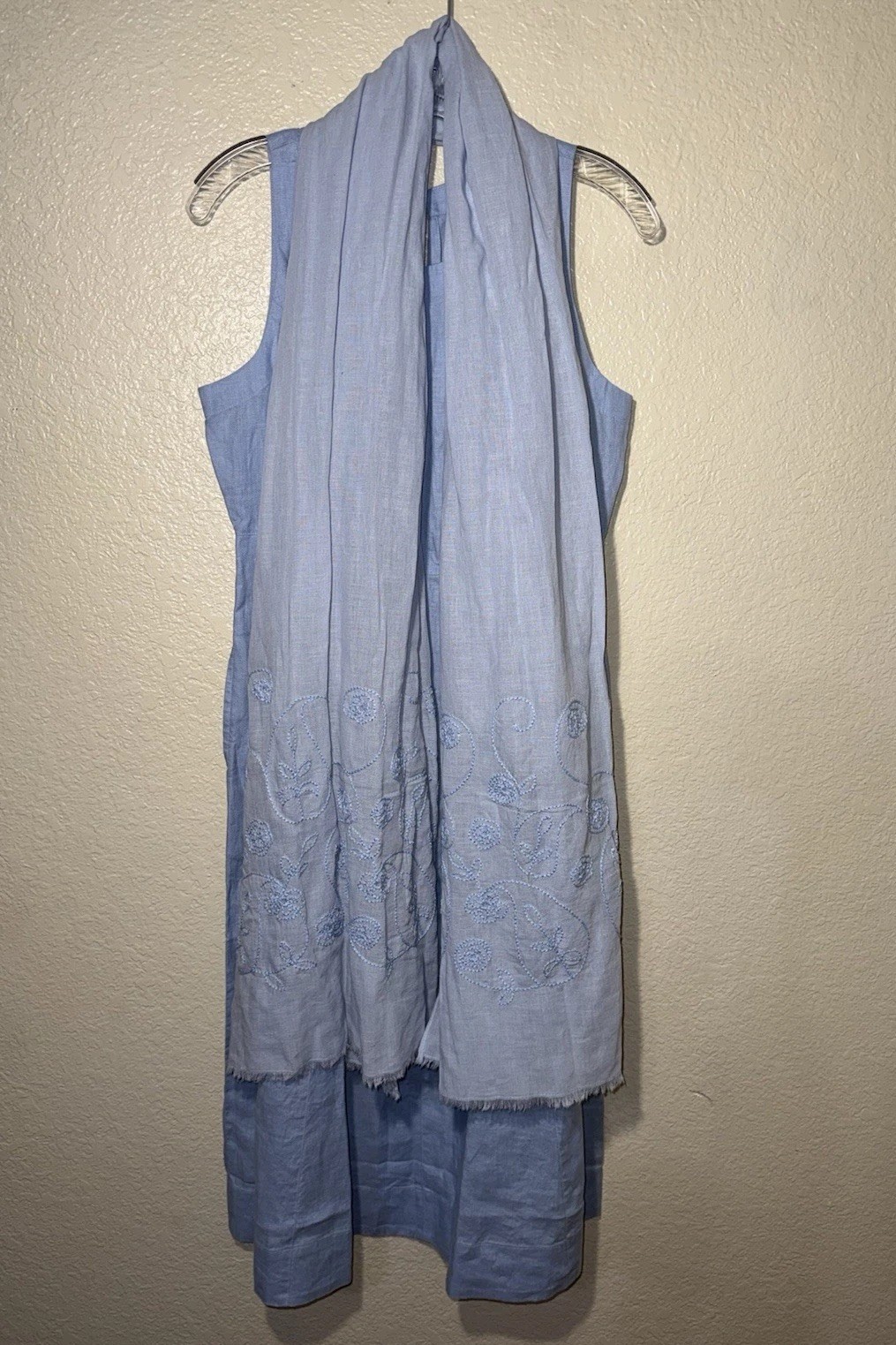 J.Jill Love Linen S Petite Blue Midi Dress w Embroidered Scarf Coastal