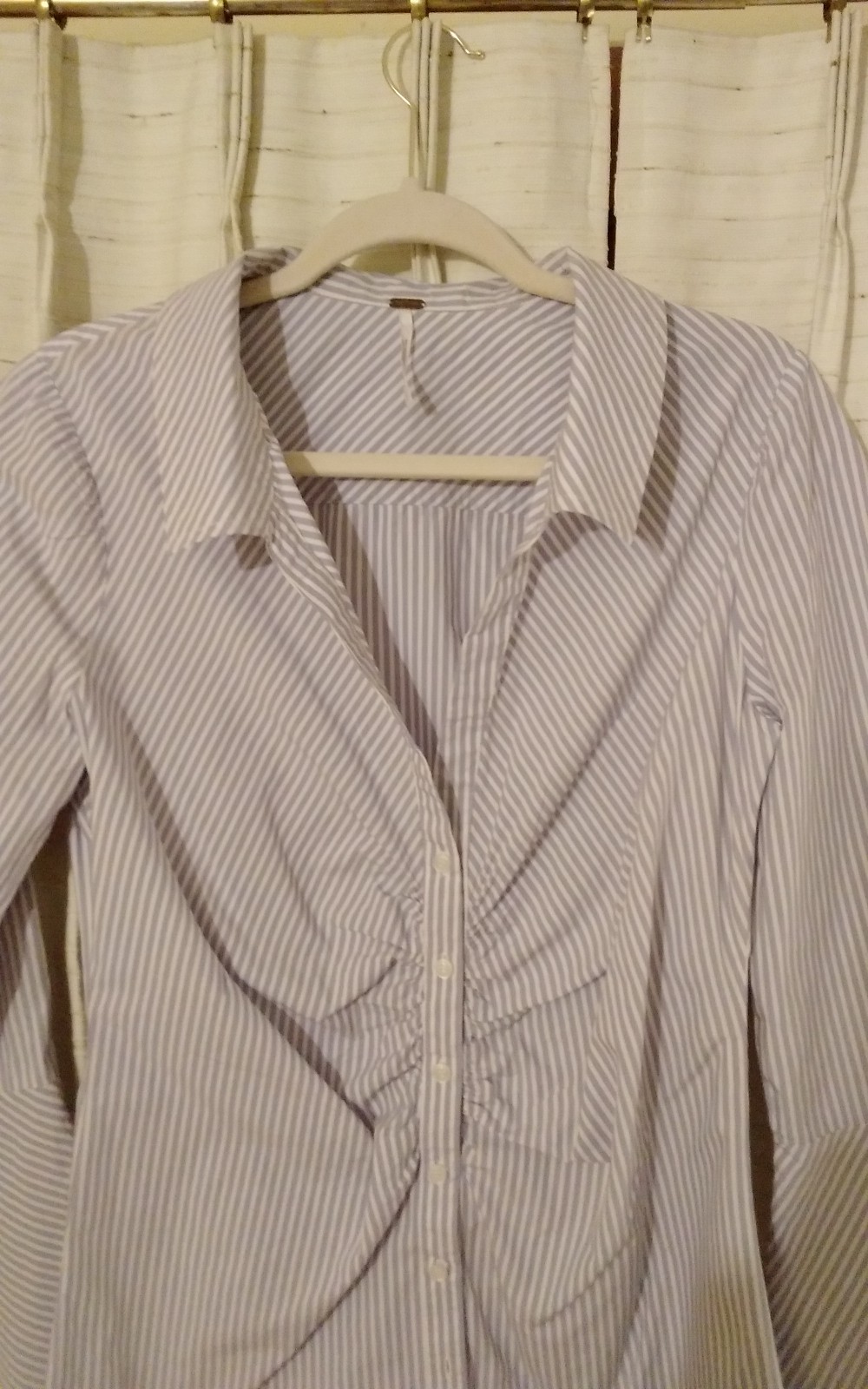 Free People Center Gathered Bell Sleeve Striped Shirt Dress Blue Med