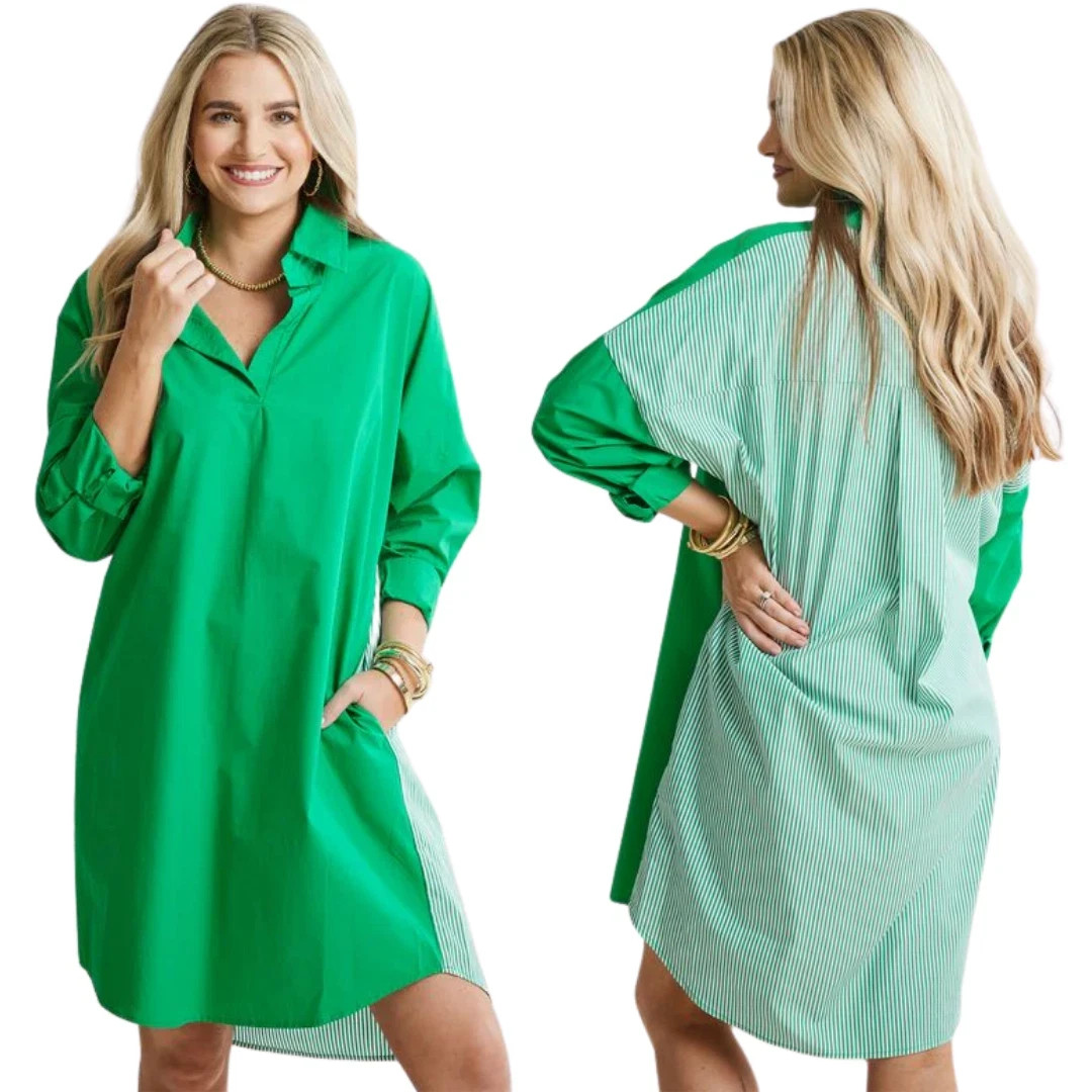 Caryn Lawn Dress NEW One Size Preppy Gameday Back Stripe Mini Shirt Green White