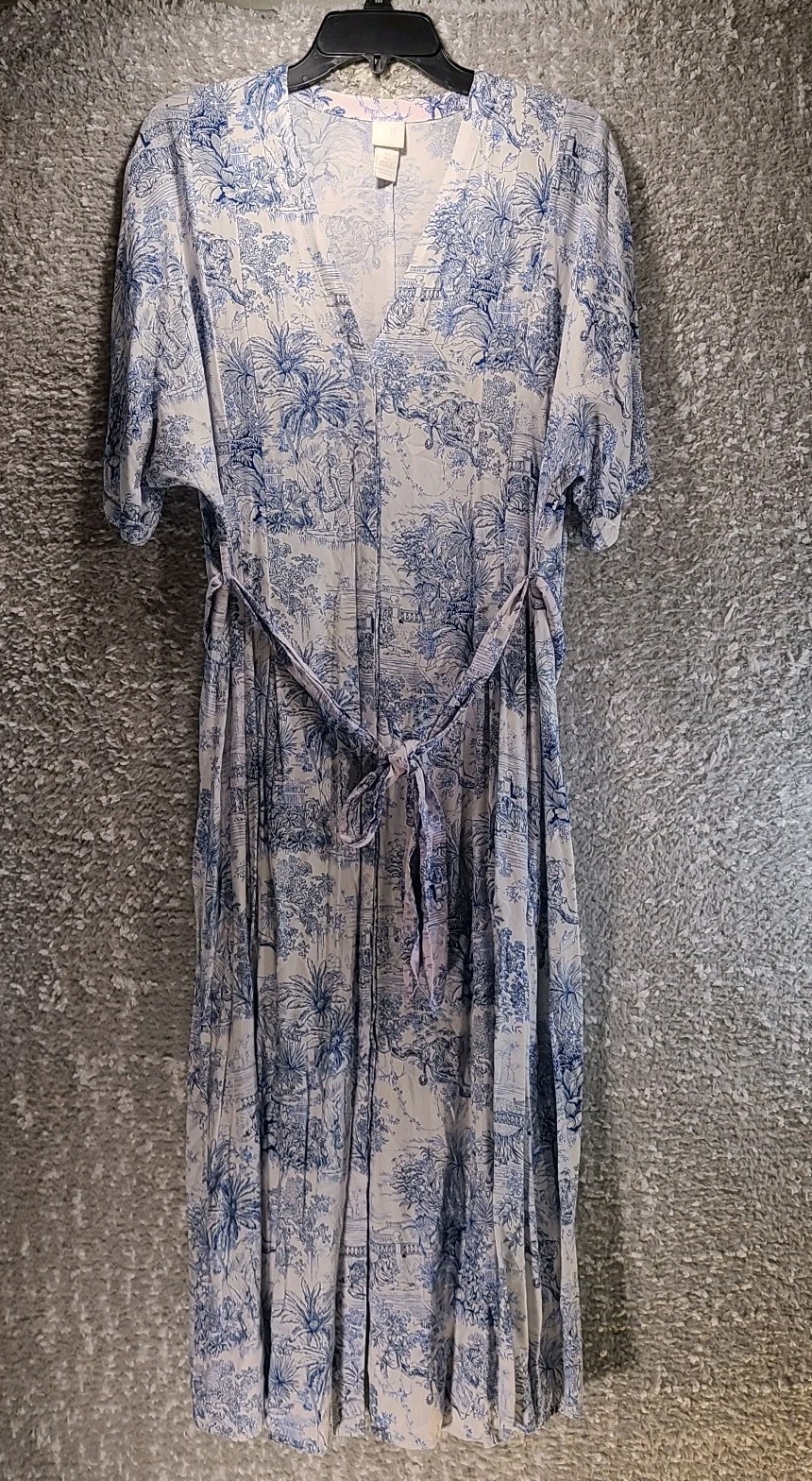 H&M Tie Belt Kaftan Midi Dress Blue & White Size 4 Jungle Animal Print Button Up