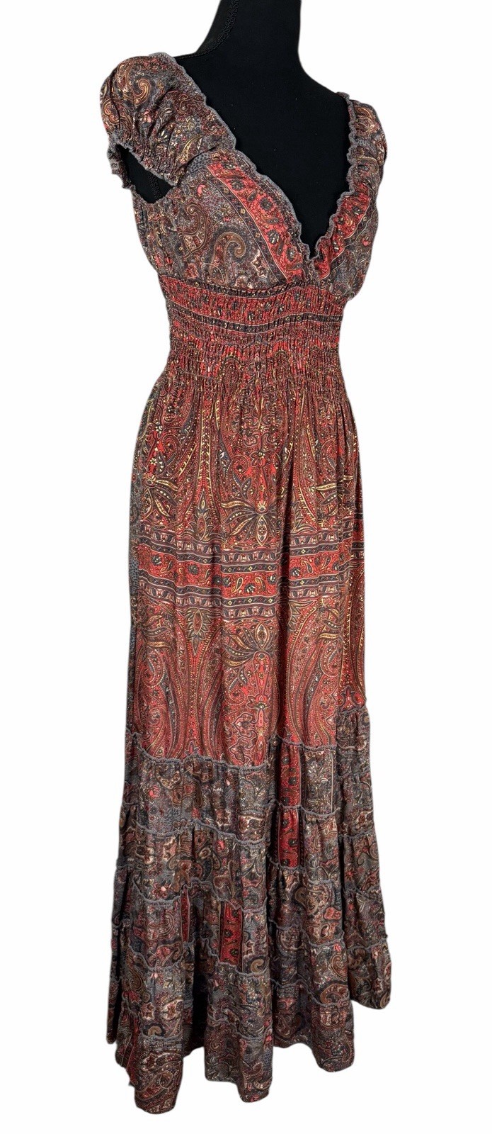 Cienna Womens Smocked Waist Tiered Maxi Dress Medium Silk Blend Flowy Boho