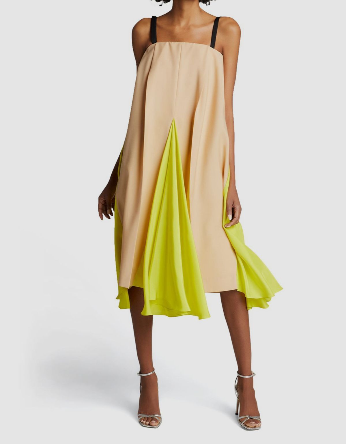 $2390 Nina Ricci Women’s Beige Green Colorblock Godet Midi Dress Size 38