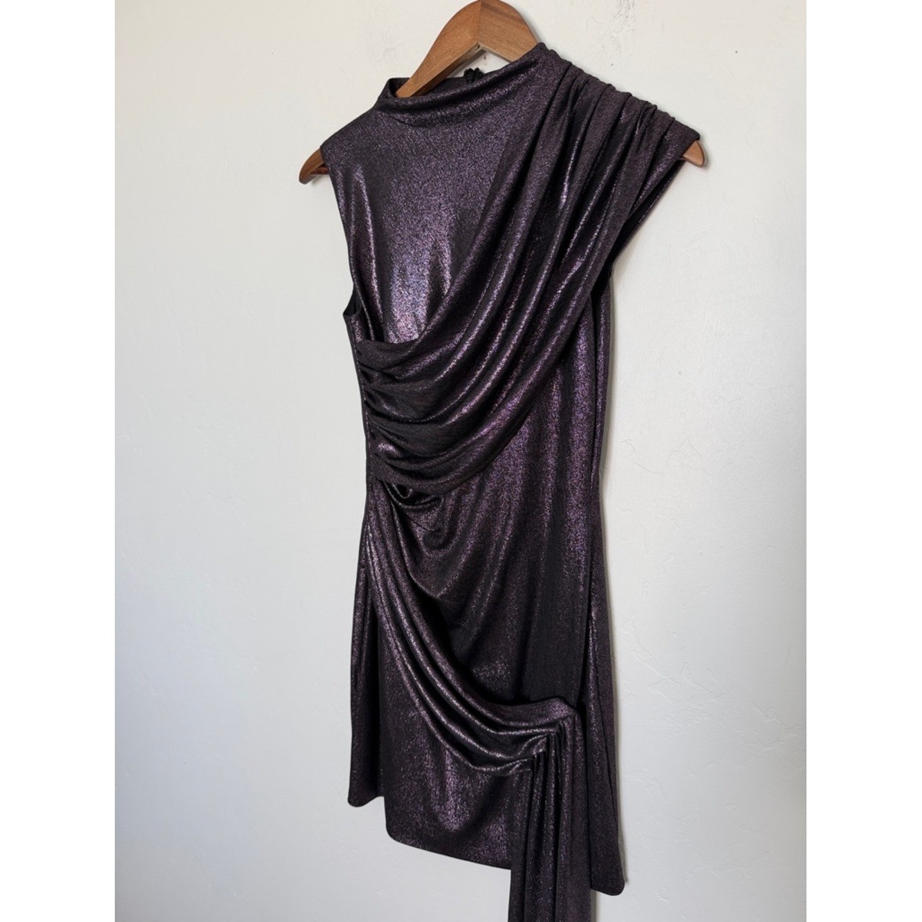 Halston Zoe Metallic Jersey Draped Mini Dress One Shoulder Size 4 NWT