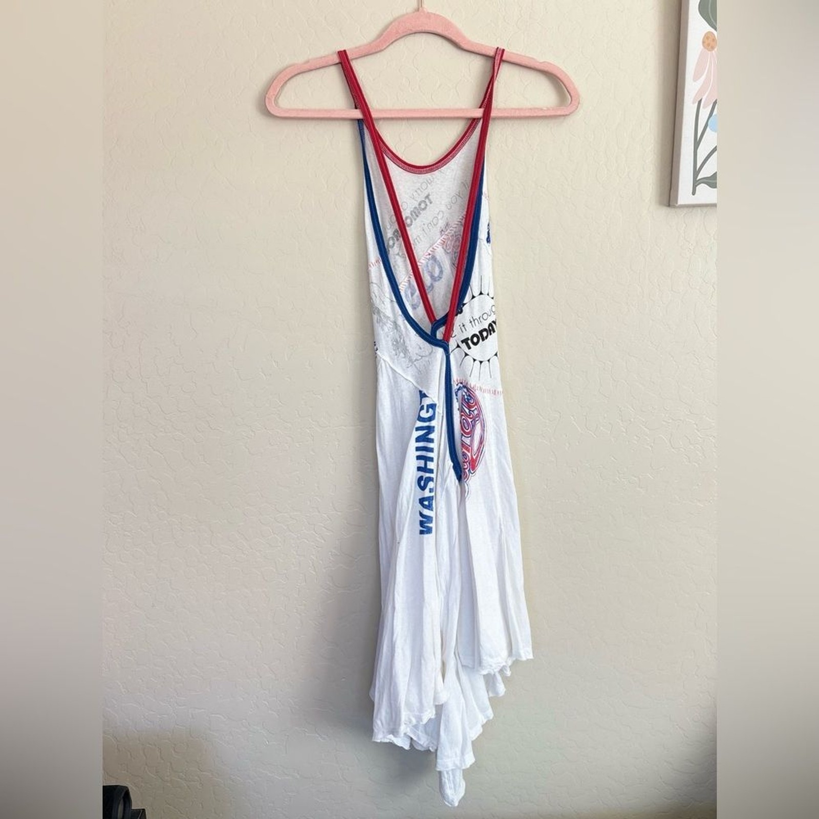 Free People Batter Up Open back Mini Dress White Combo Red Blue Medium