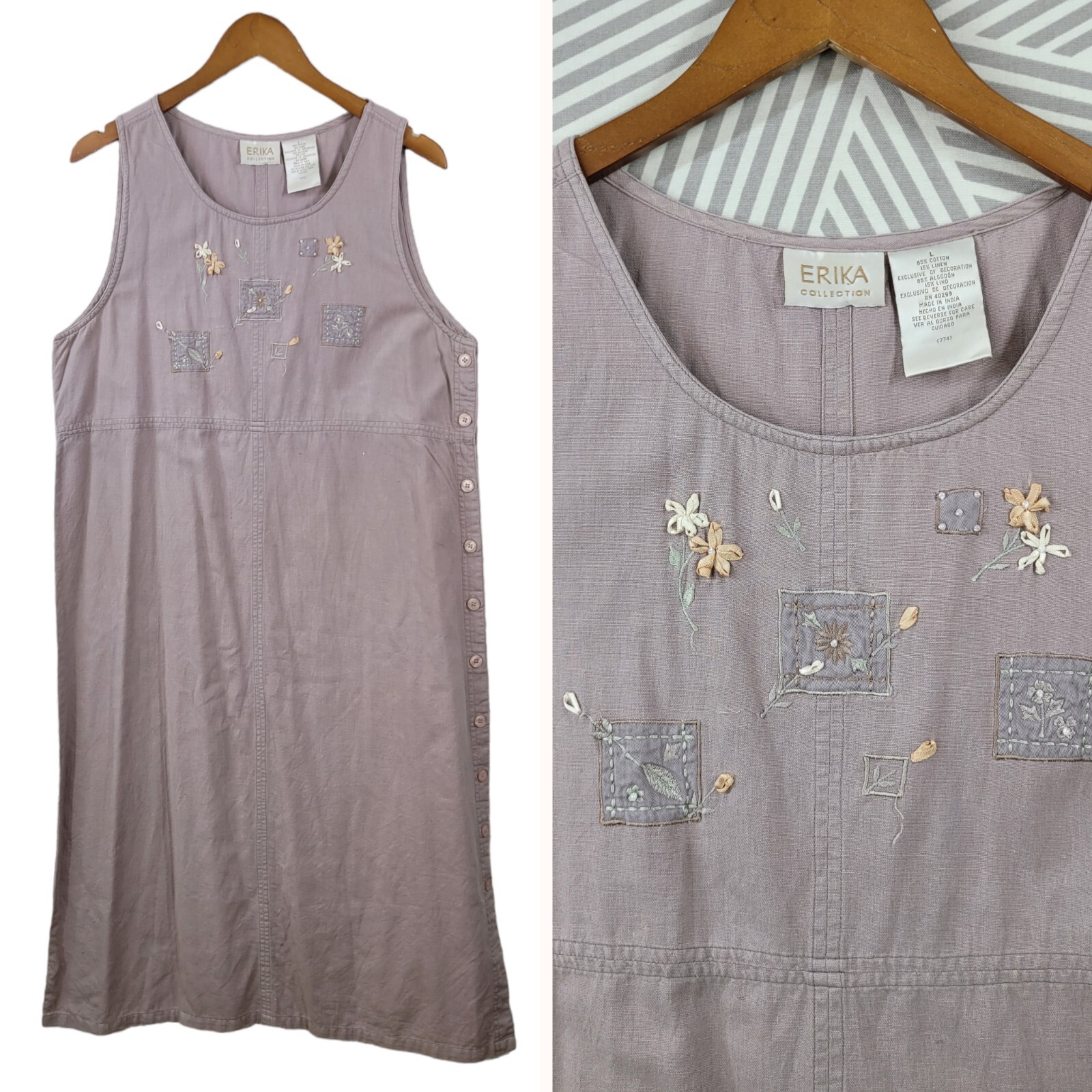 Vintage Embroidered Overall Dress size Large Long Maxi Modest floral canvas tan