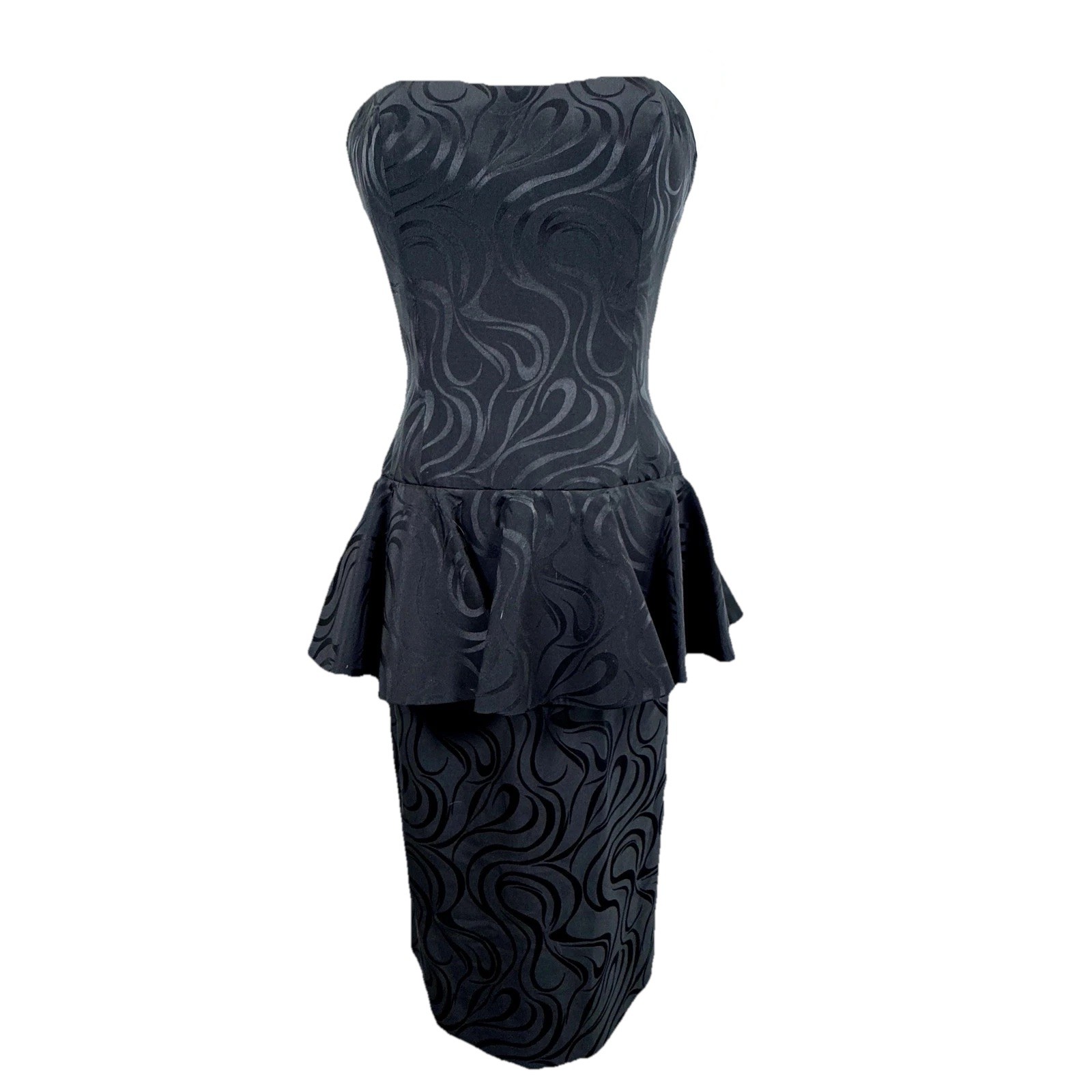 Silk Studio Dress Womens 4 Black Strapless Jacquard Peplum Midi Party Cocktail