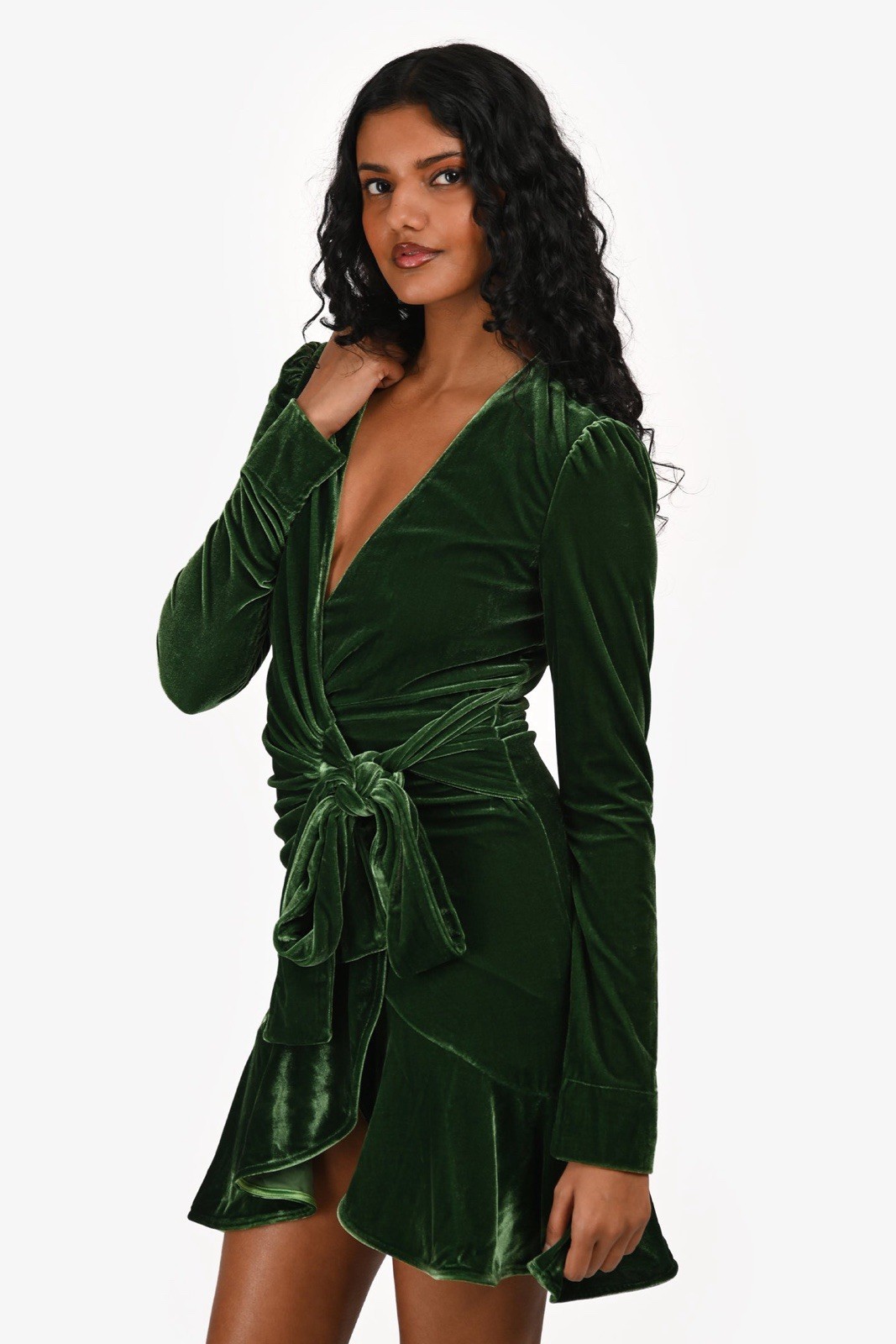 NWT Bardot Keala Velour Wrap Mini Dress Green XS US 2 Long Sleeve Cocktail $139
