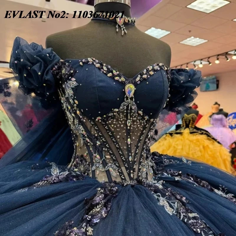 Princess Navy Blue Quinceanera Dresses Ball Gown Floral Applique Bow Sweet
