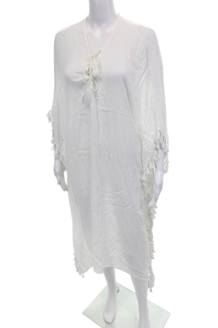Walter Baker Womens Tassel Trim V Neck Kaftan Dress White Cotton Size One Size