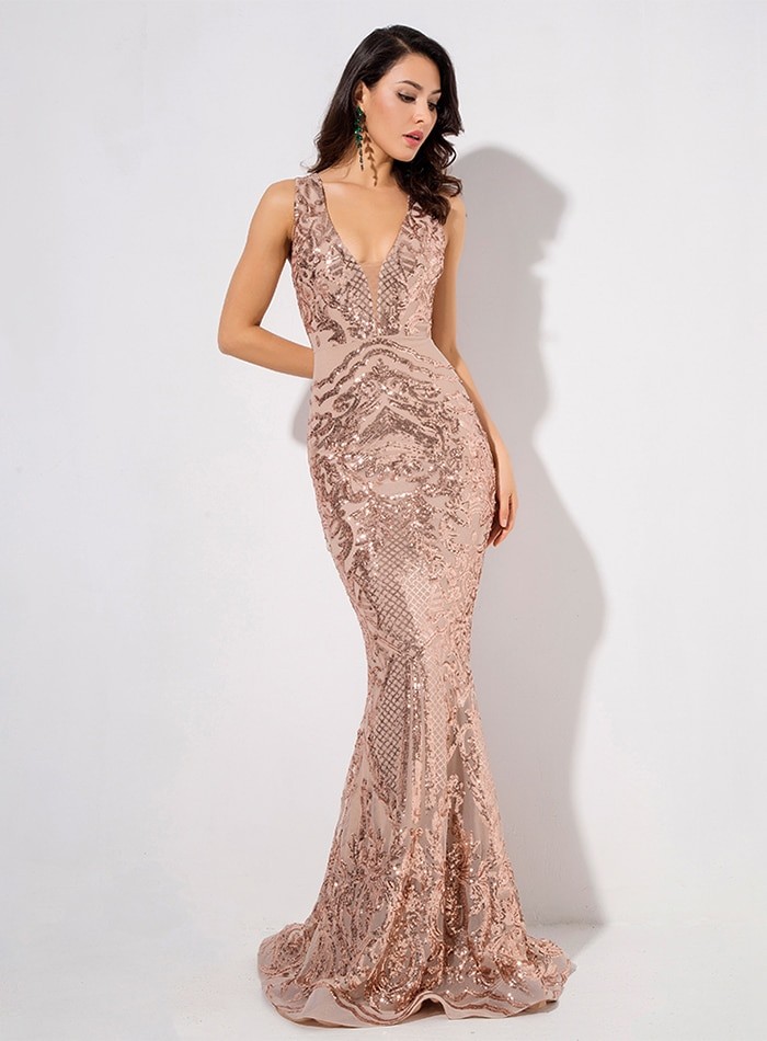 Rose Gold Deep V-neck Sleeveless Sequin Dress Size Small