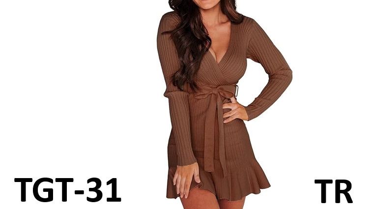 VIMPUNEC Fall Tie Waist Sweater Dress Elegant V-Neck Wrap Sweater Dress Brown XL