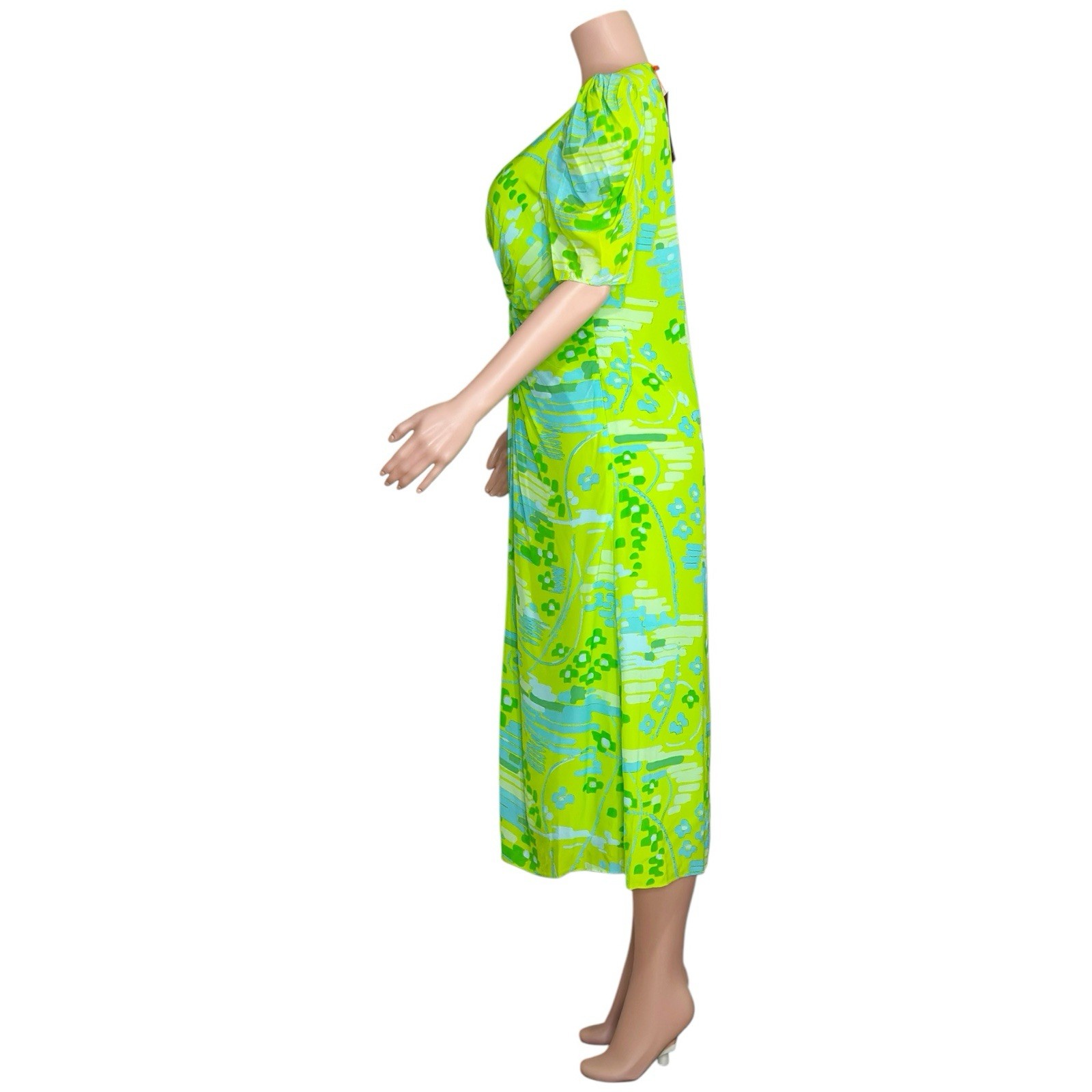 $450 NWT RHODE Maci Geometric Puff Sleeve Midi Dress, Electric Eden, 8 (US)