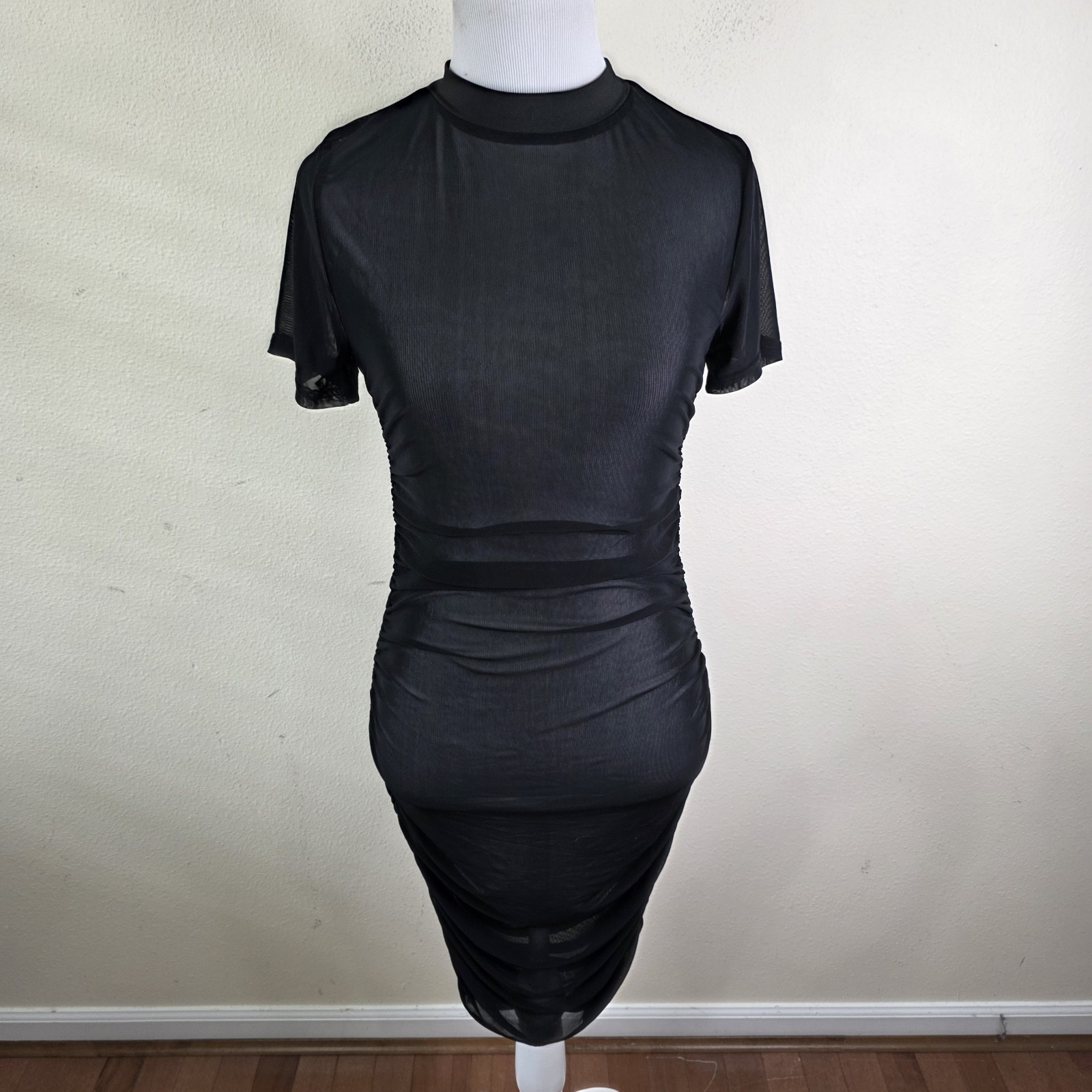 Black Sheer Bodycon Midi Ruching Dress Short Sleeve Stretch Size Medium