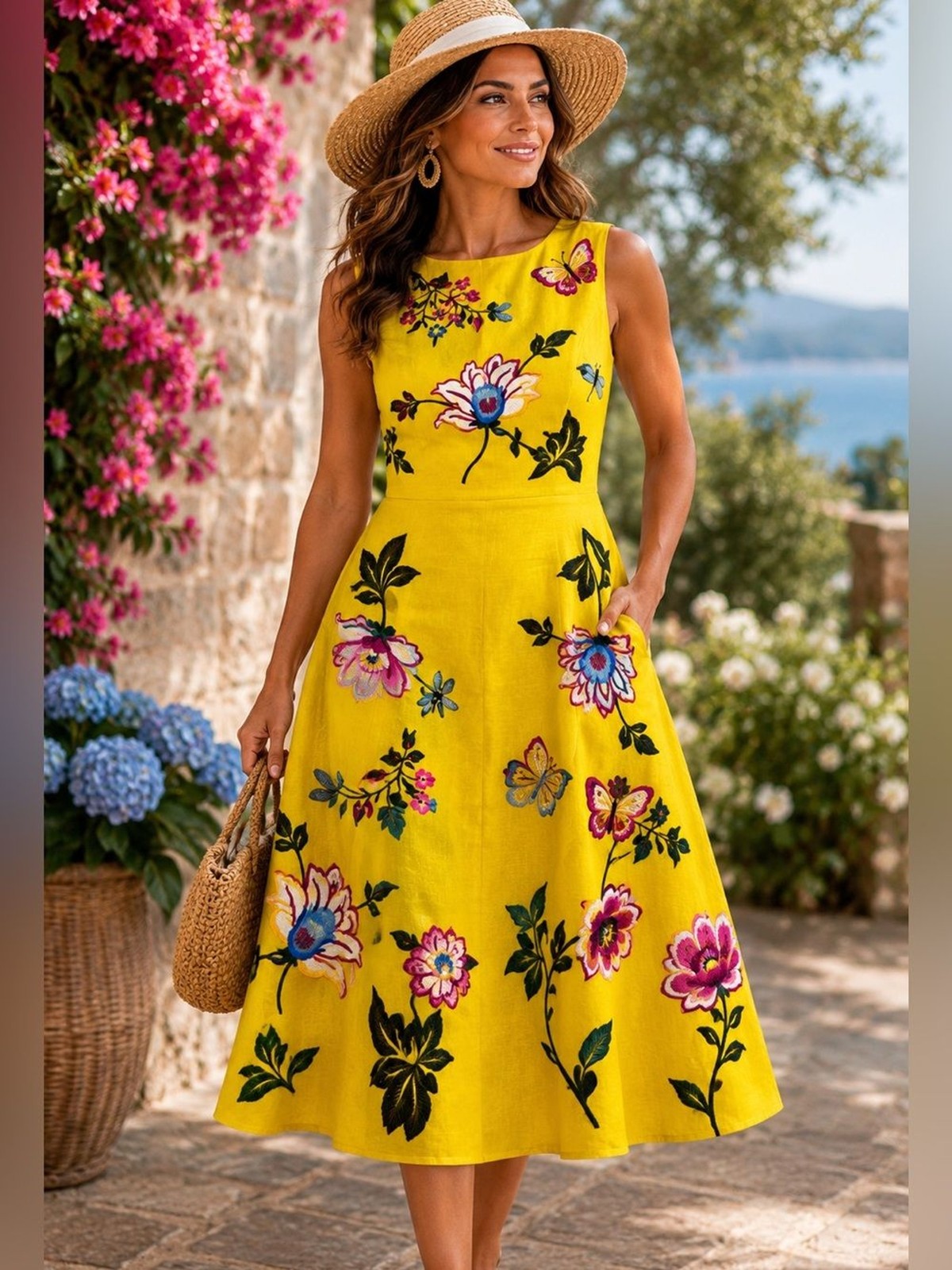FANM Mon Yellow Embroidered Floral Linen Blend Midi Dress | Garden | Medium