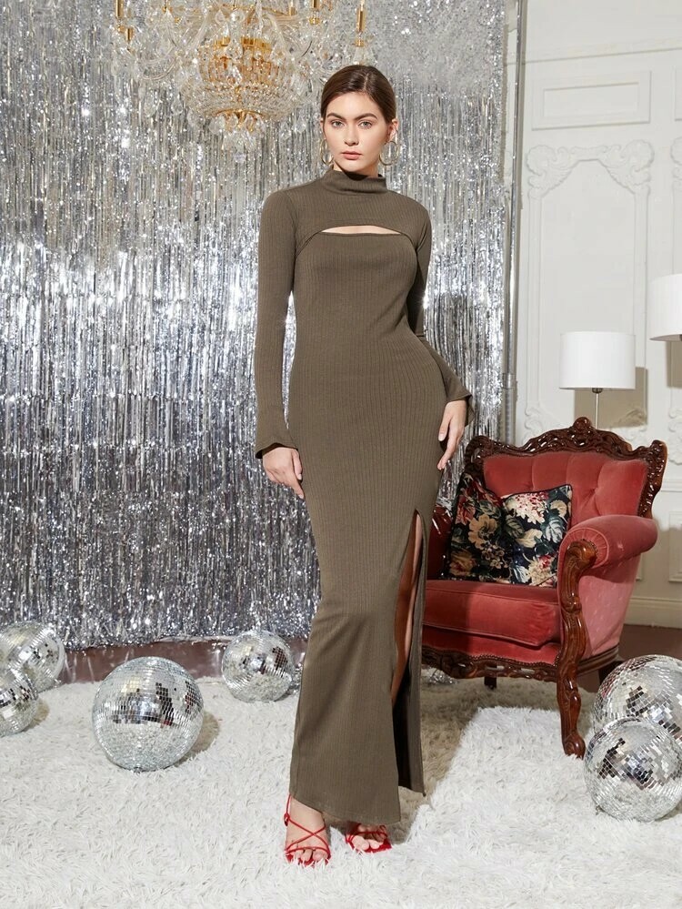 2 Piece Mocha Brown Ribbed Mock Neck Cutout Front Back High Split Maxi Dress L