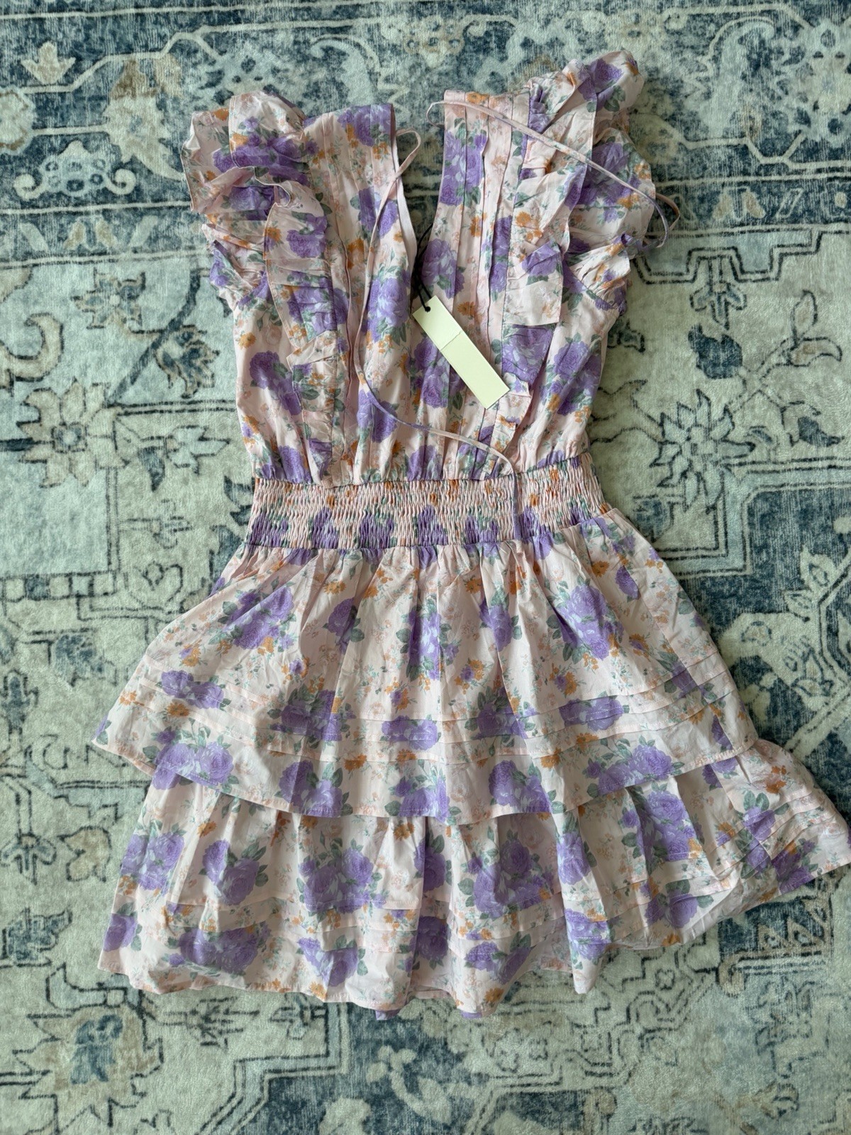 PINC Women’s Pink/Purple Floral Smocked Ruffle Layered V-Neck Mini Dress L