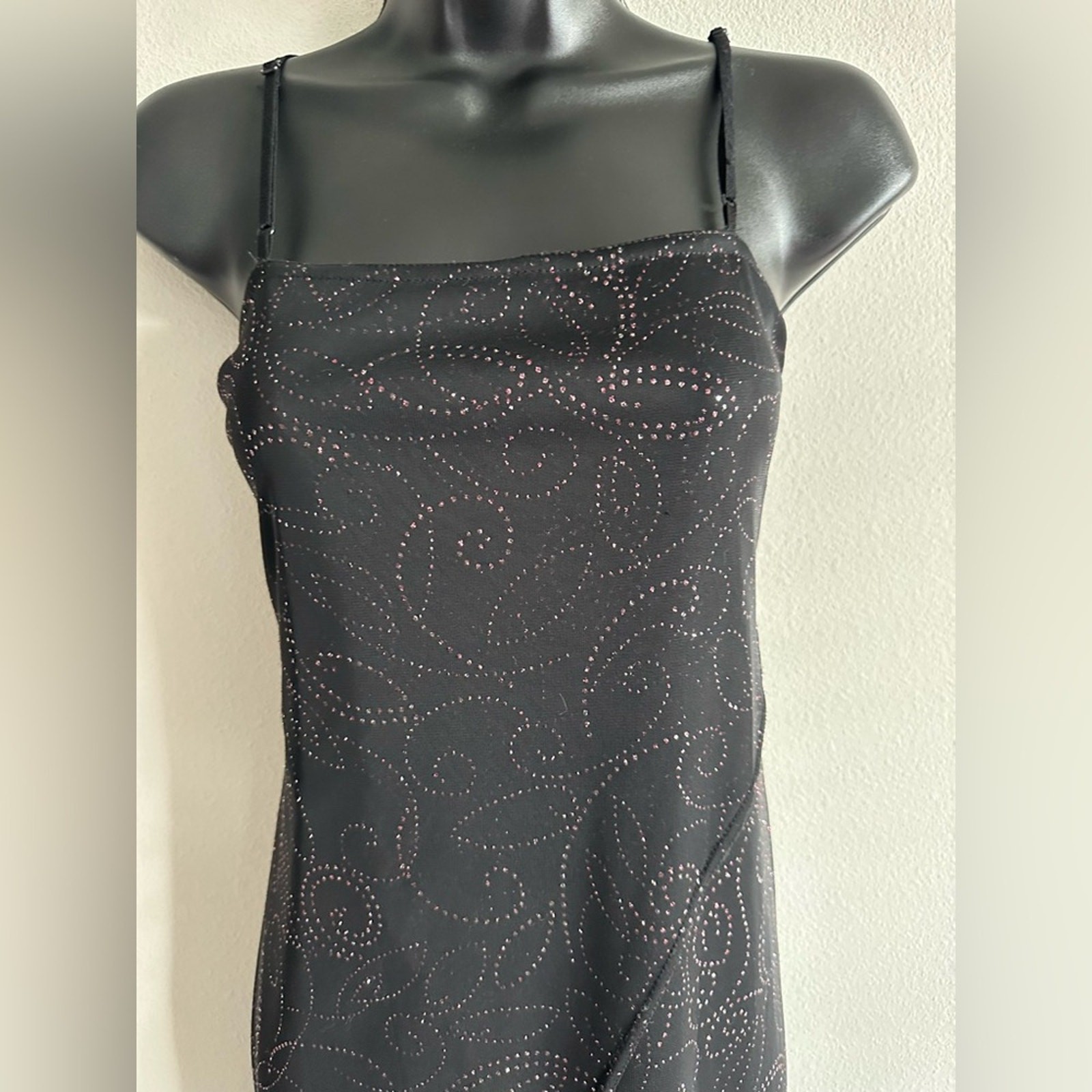 Vintage Y2K Sheer Black Glitter Maxi Dress | Mesh Overlay Slip Dress Sparkle L