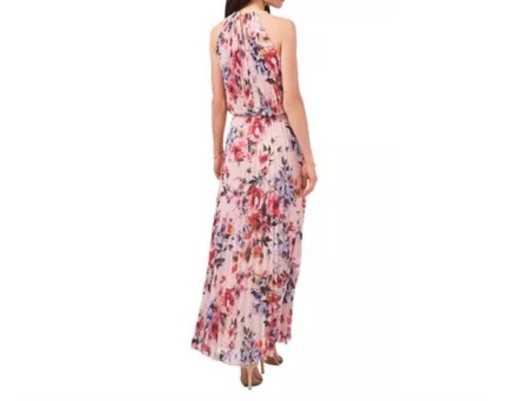 MSK Pink Pleated Elastic Waist Back Cut Out Floral Sleeveless Gold Halter Size 6