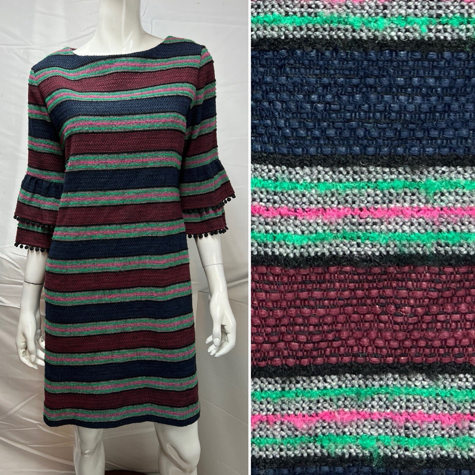 Sara Campbell Women’s M Blue Red Pink Green Knit Pom Pom Sleeves Striped Dress