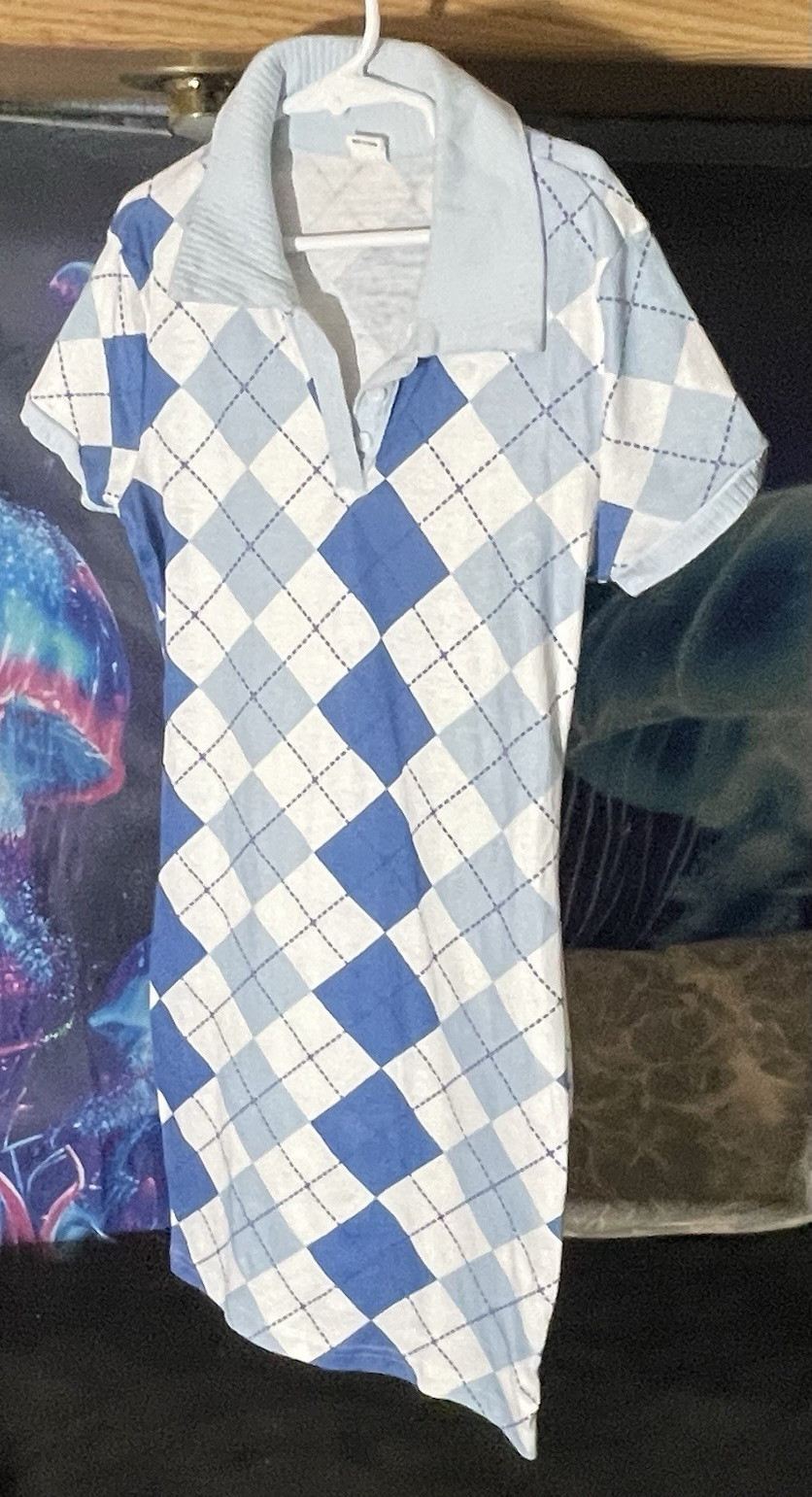 Girls Blue/White Argyle Collared Button Short Sleeve Shirt Mini Dress S