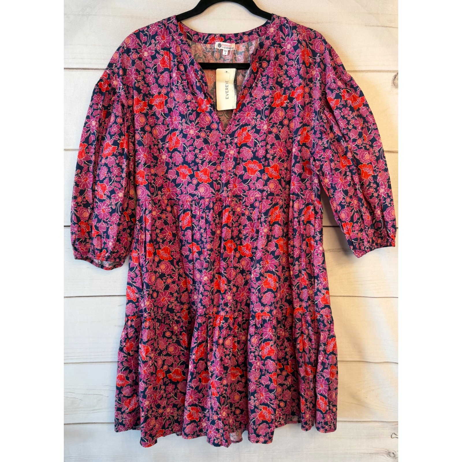 Sundry for Evereve Anywhere Dress Pink Red Floral Tiered Mini EE22-5P1-R29 NWT 2