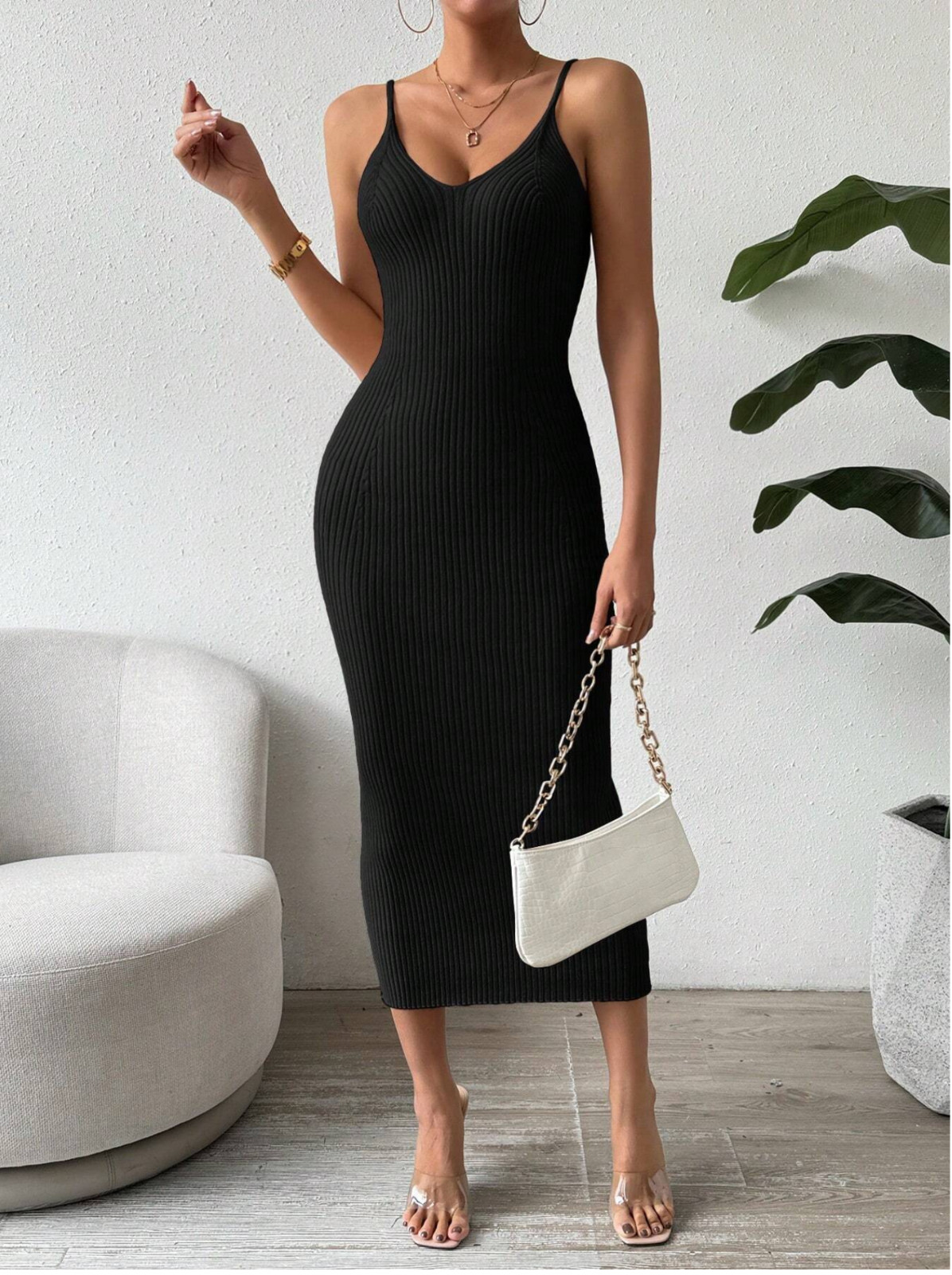 Black Clasi Casual Solid Color Slim Fit Knit Tank Dress Sz XS S M L