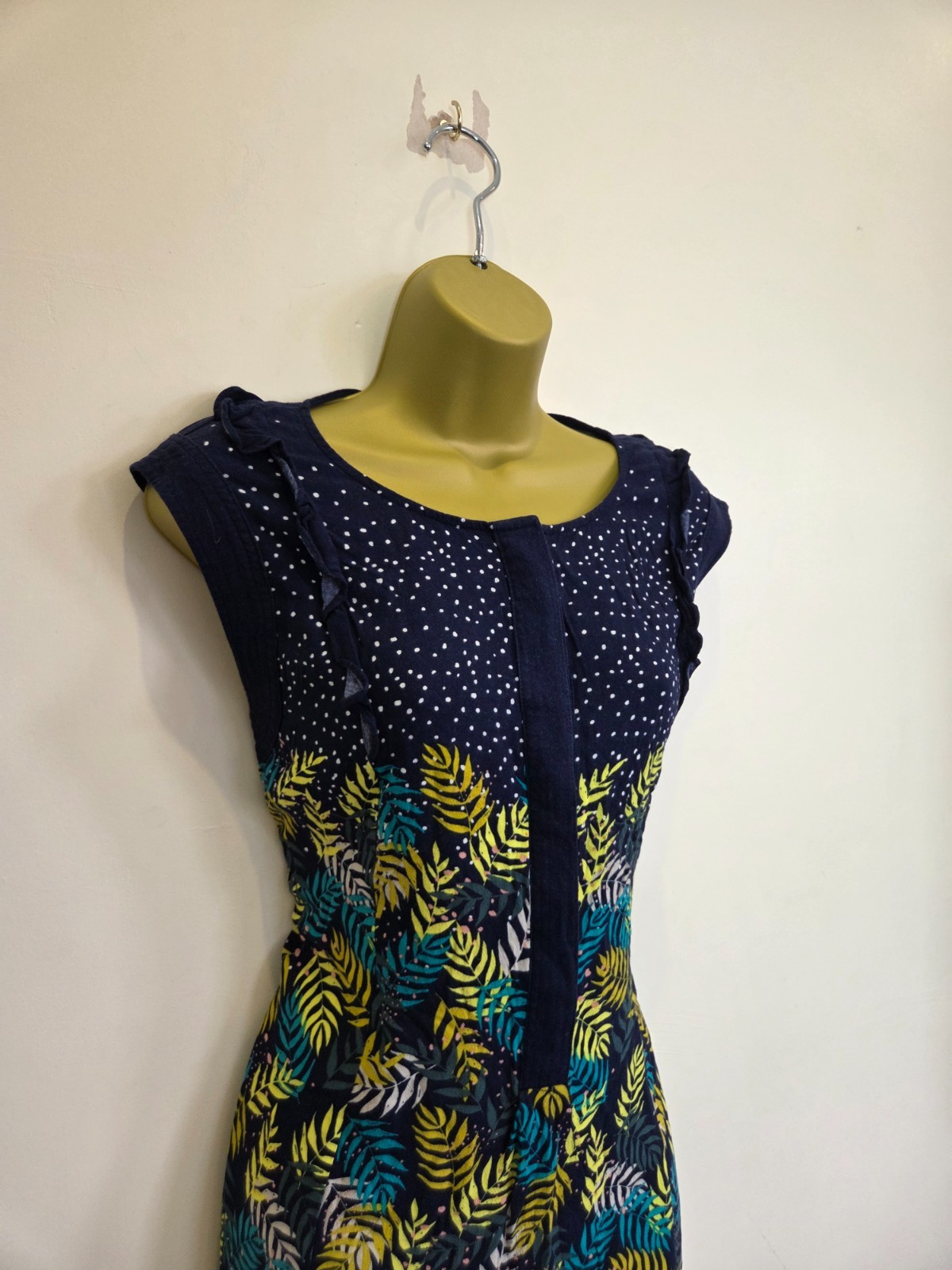 White Stuff Size 14 Navy Blue Gold Sleeveless Belt Leaf Print Autumn Tunic Dress