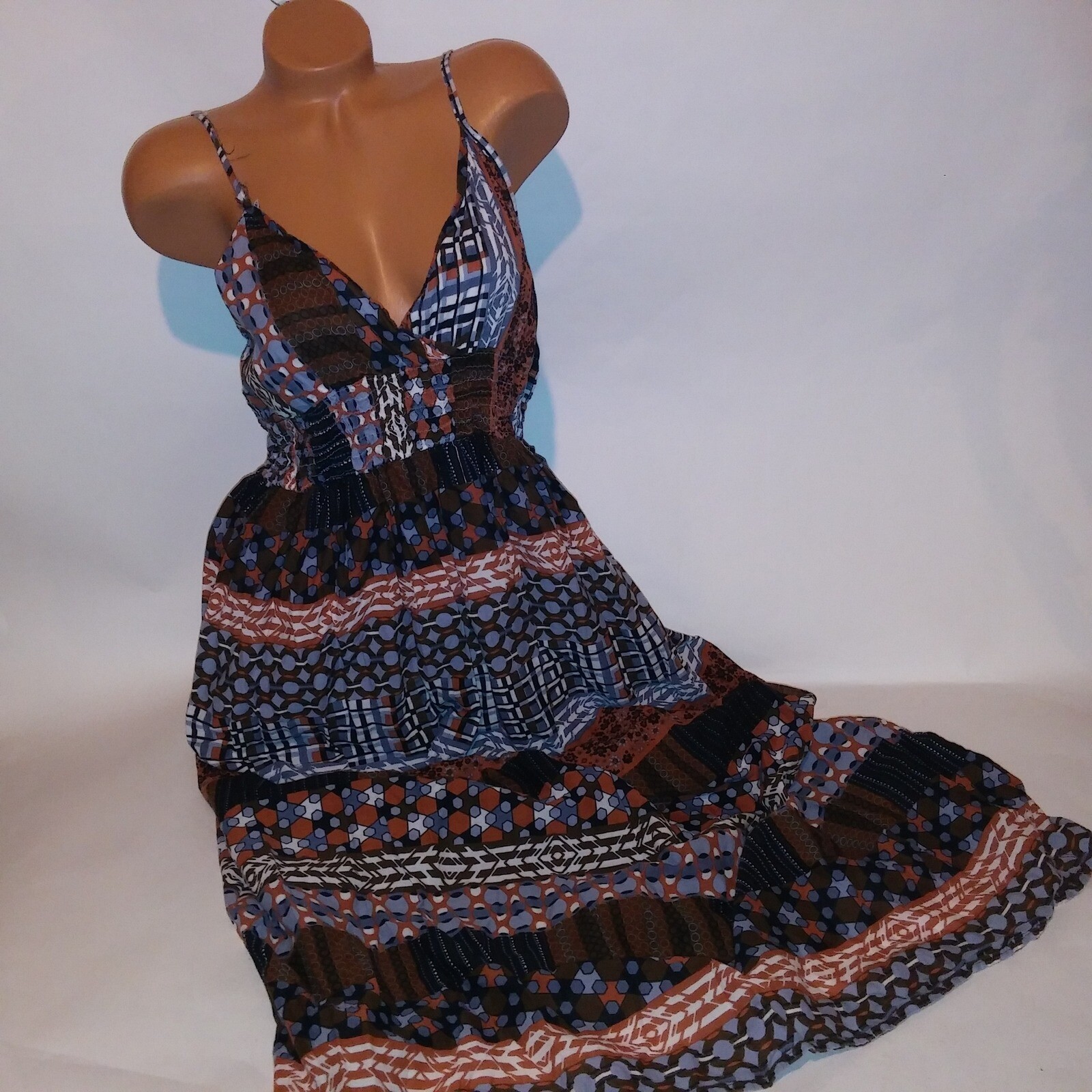 K Trixx Sun Dress Maxi Large Brown Blue White Smocked Sleeveless