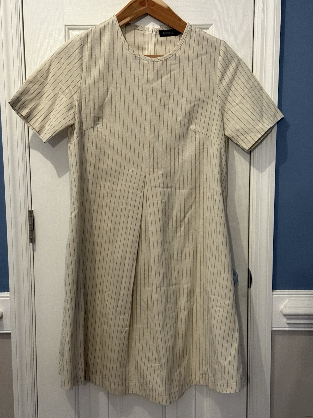 ROOLEE Beige Blk Striped A-Line Knee Length Cotton Linen M Minimalist Classic
