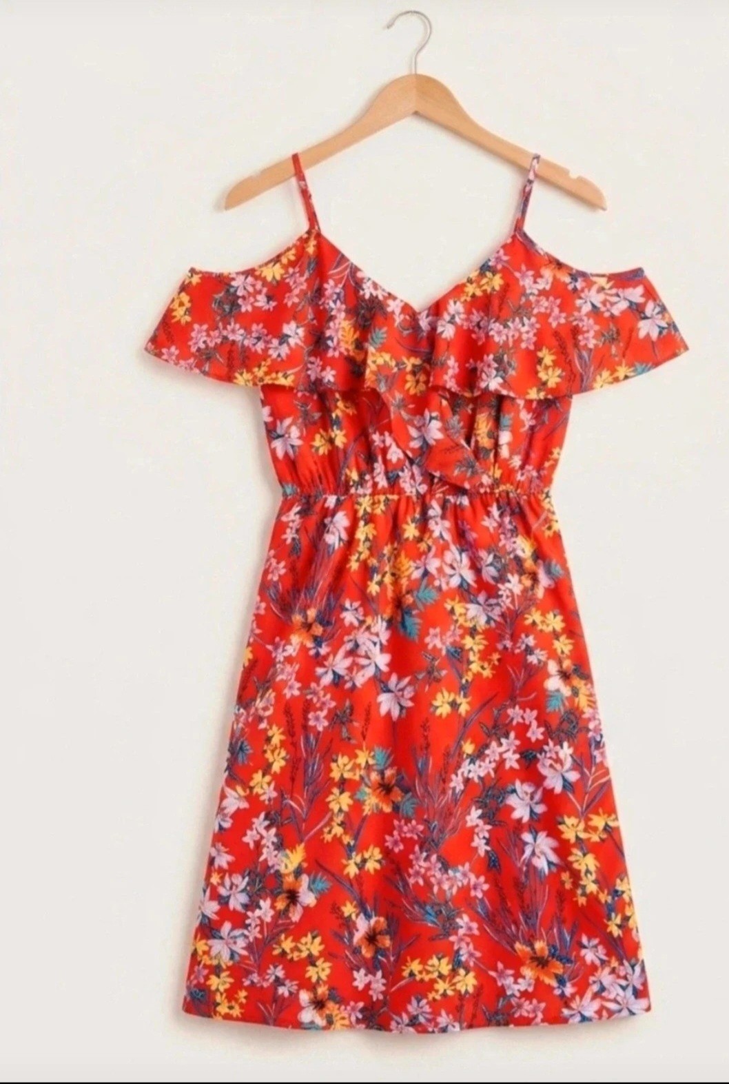 Bold Boho Tropical Ruffle Dress 🌺 Cold Shoulder Bright Floral (UK 8/10)