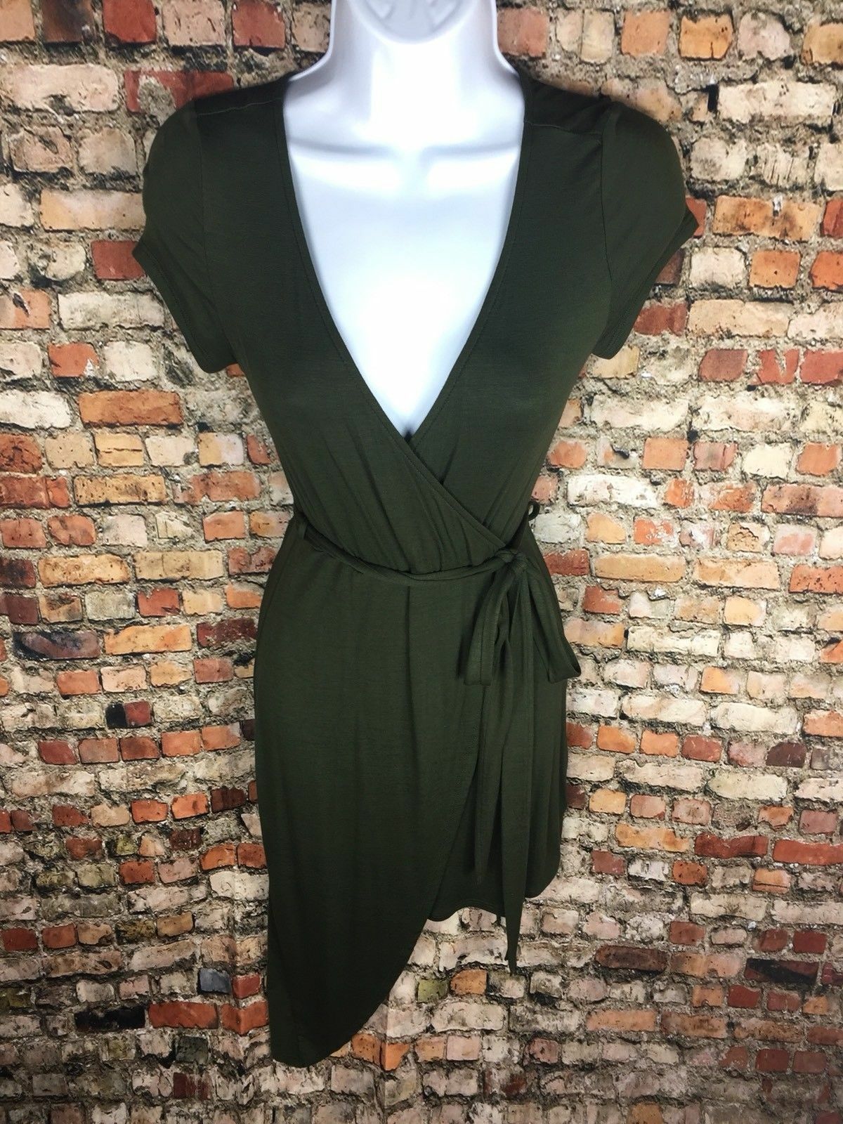 Poetry Asymmetrical Mini Wrap Dress Olive Green Stretch Soft V Neck Vintage New