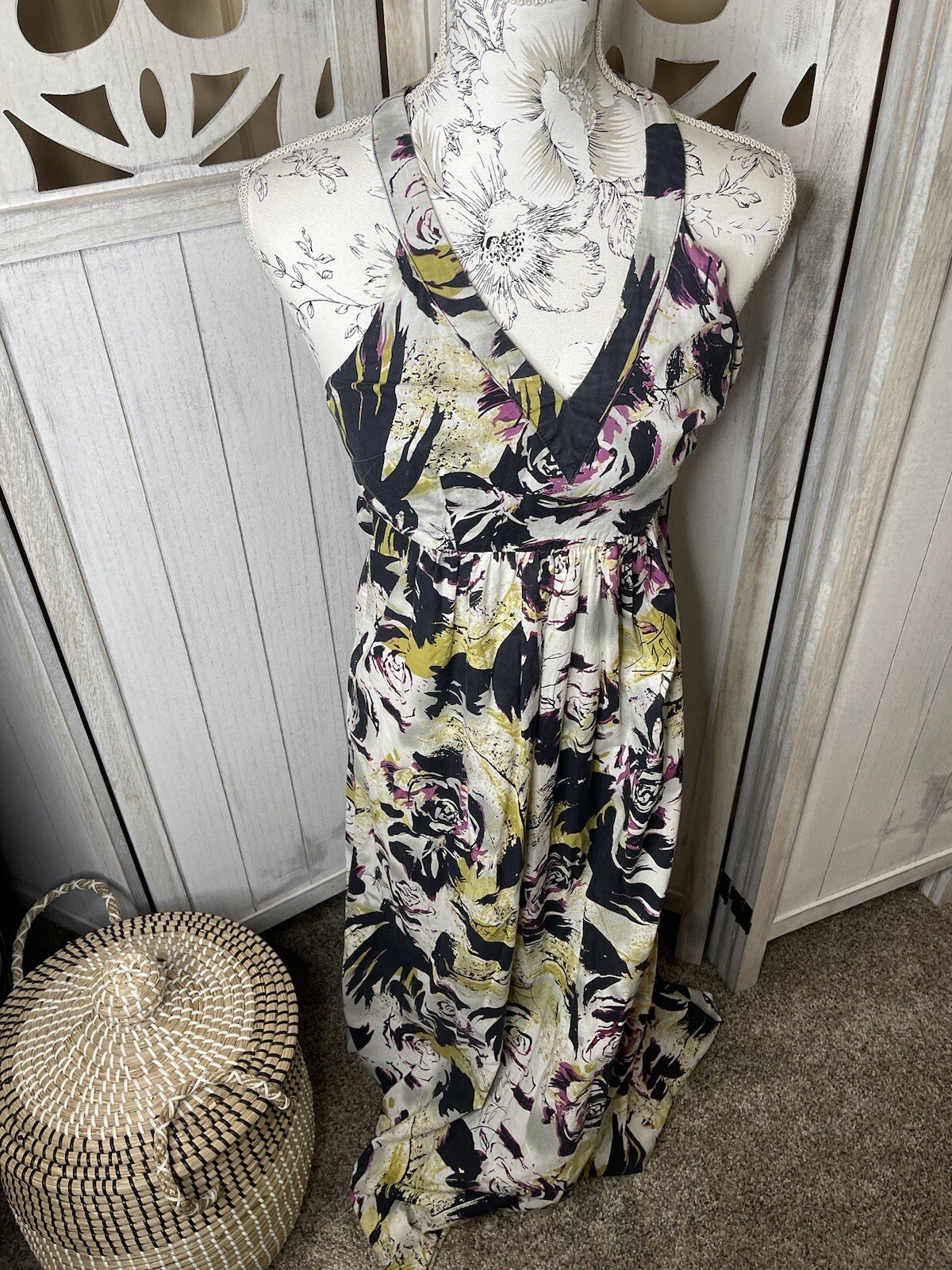 Martin + Osa Abstract Floral Print Maxi Dress Navy Green Pink White Size 0 XXS