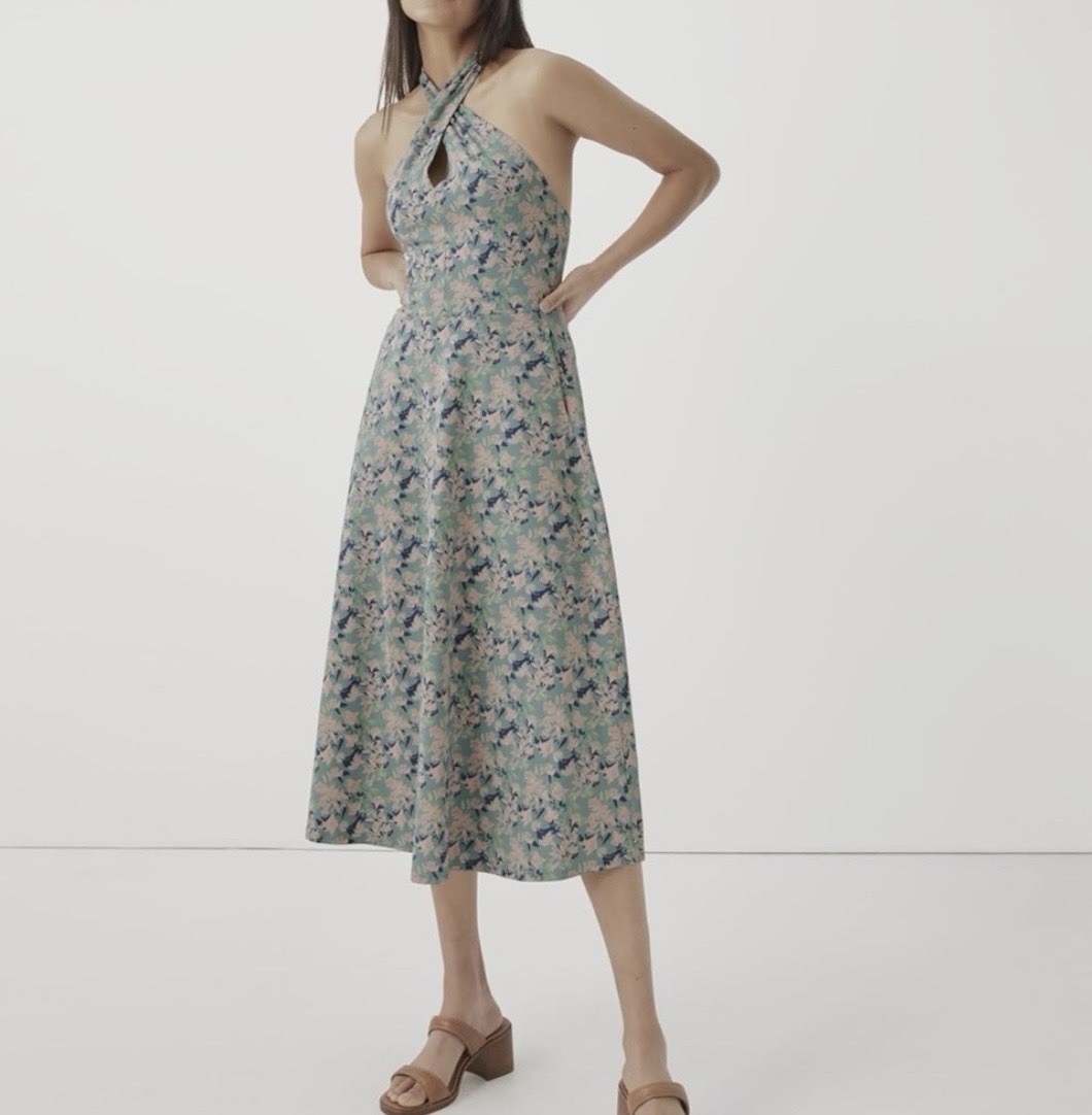 Pact Floral Maxi Dress Sleeveless Halter Backless Tie Pockets Cotton L