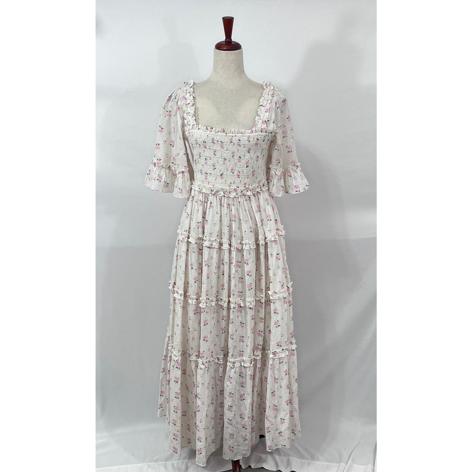NEEDLE & THREAD Sz 8 US Bijou Rose Smocked Day Ankle Gown Dress