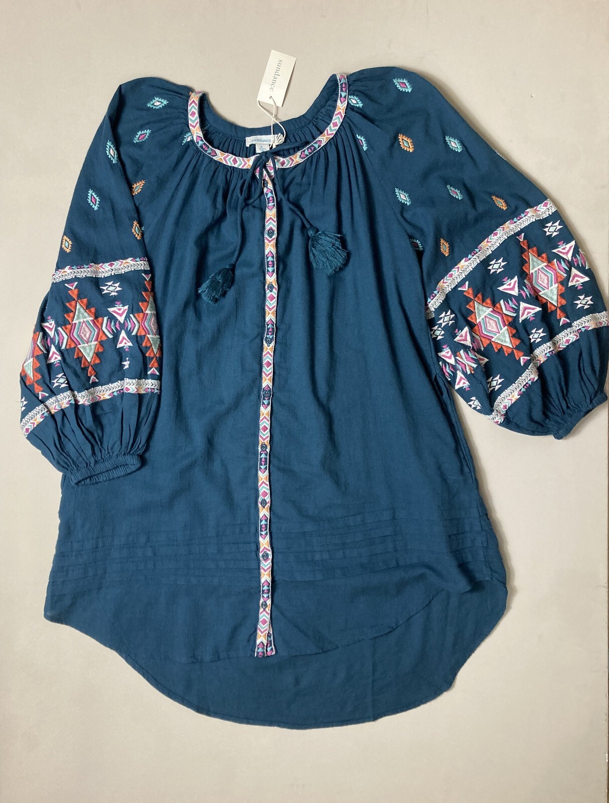 Sundance Dress sz S Southwest embroider Aztec Peasant Dress Teal New imperf INjb