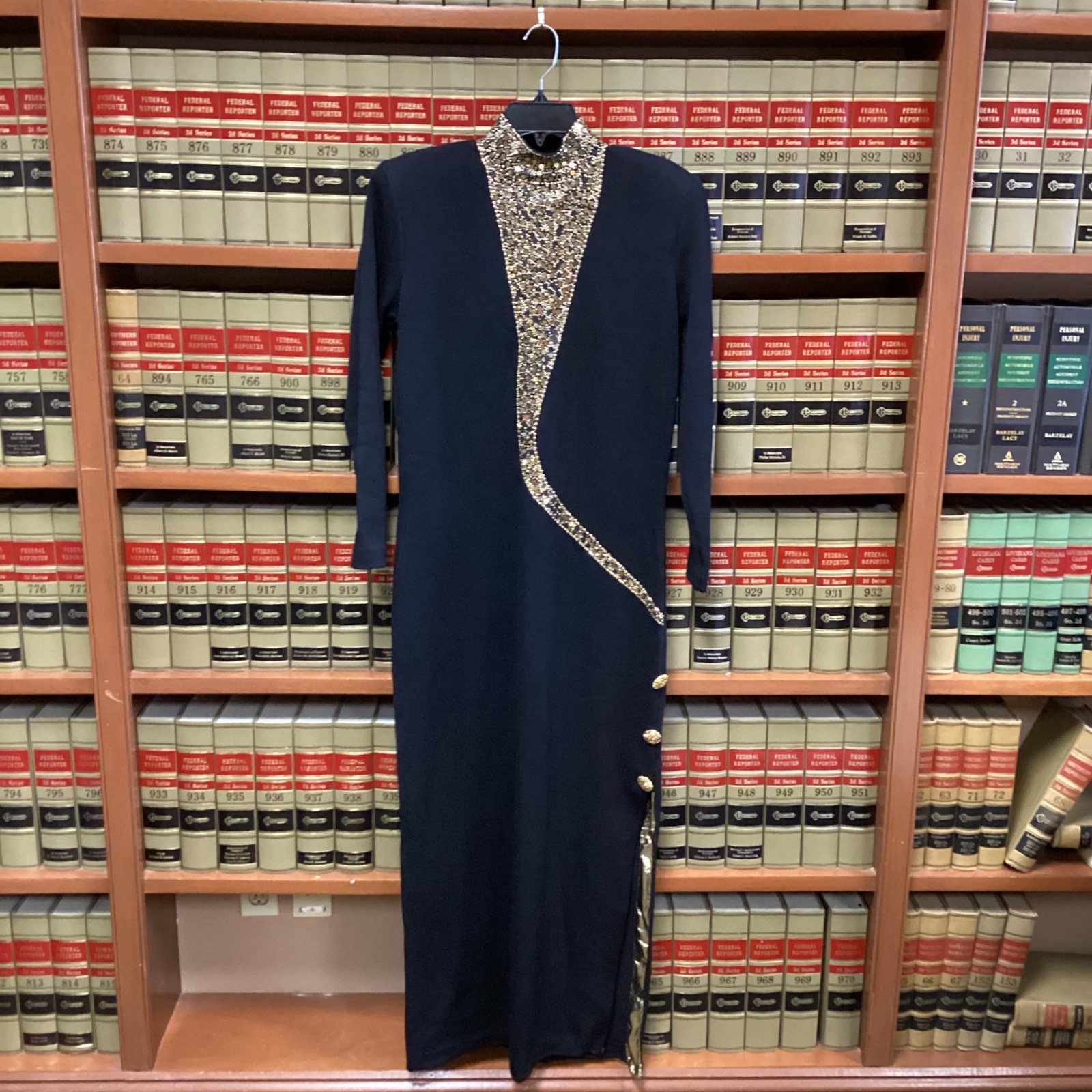 Vintage St. John by Marie Gray Santana Knit Maxi Dress Black Gold Beaded 10 M-L