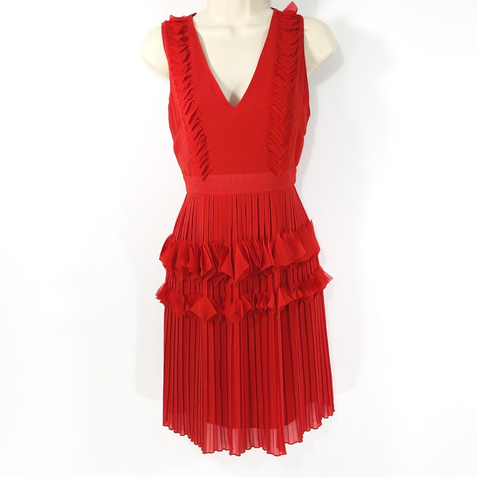 Foxiedox Red Pleated Ruffle Dress Sz S VNeck Zipper Lined Wedding Guest Party
