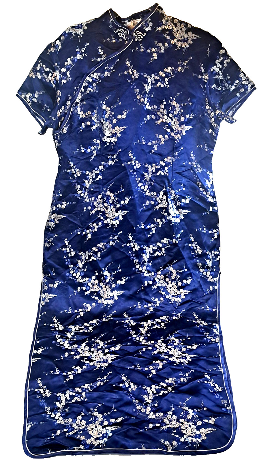 Lian Lin Chinese Floral Dress Womens 46/ M Blue w Silver Embroidered Blossoms