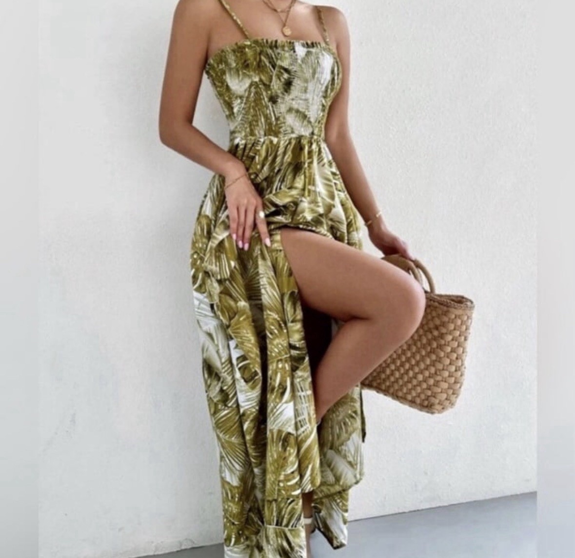 Tropical Maxi Dress, Smocked Bodice, Adjustable Straps, Slit NEW Size Large