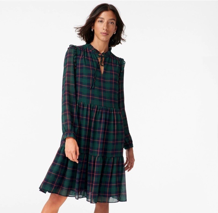 J. Crew XL Black, Red, + Green Tartan Plaid Dress Tie Neck Ruffled Holiday