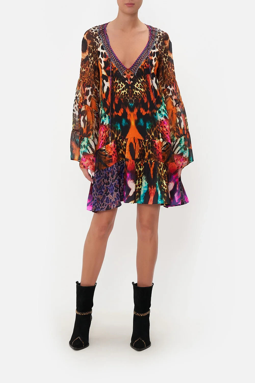 Camilla Dress Size AU/UK M US XS Mini Silk Long Sleeves Red Multi Wild Animal
