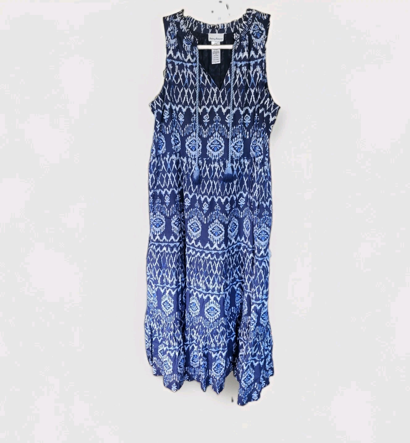 Tommy Bahama Navy Ikat Midi Tiered Dress L Cotton Resort Vacation with Pockets