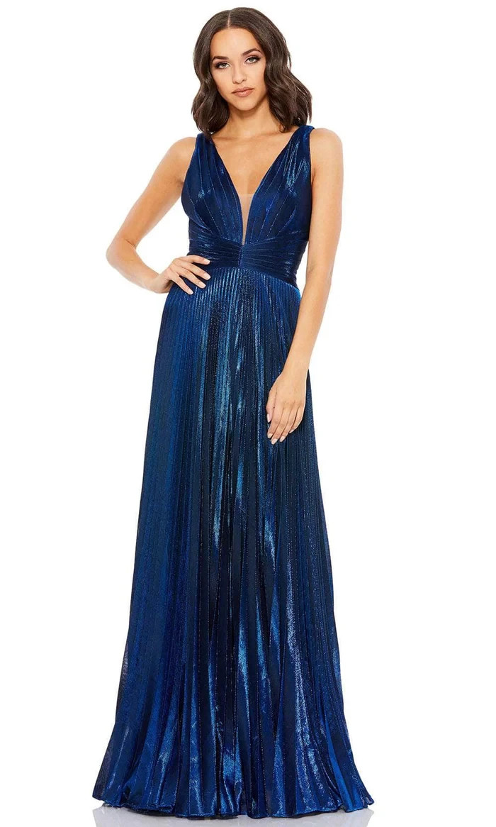 Mac Duggal Sapphire Blue Metallic Plunge Neck Pleated Gown Size 16 $478
