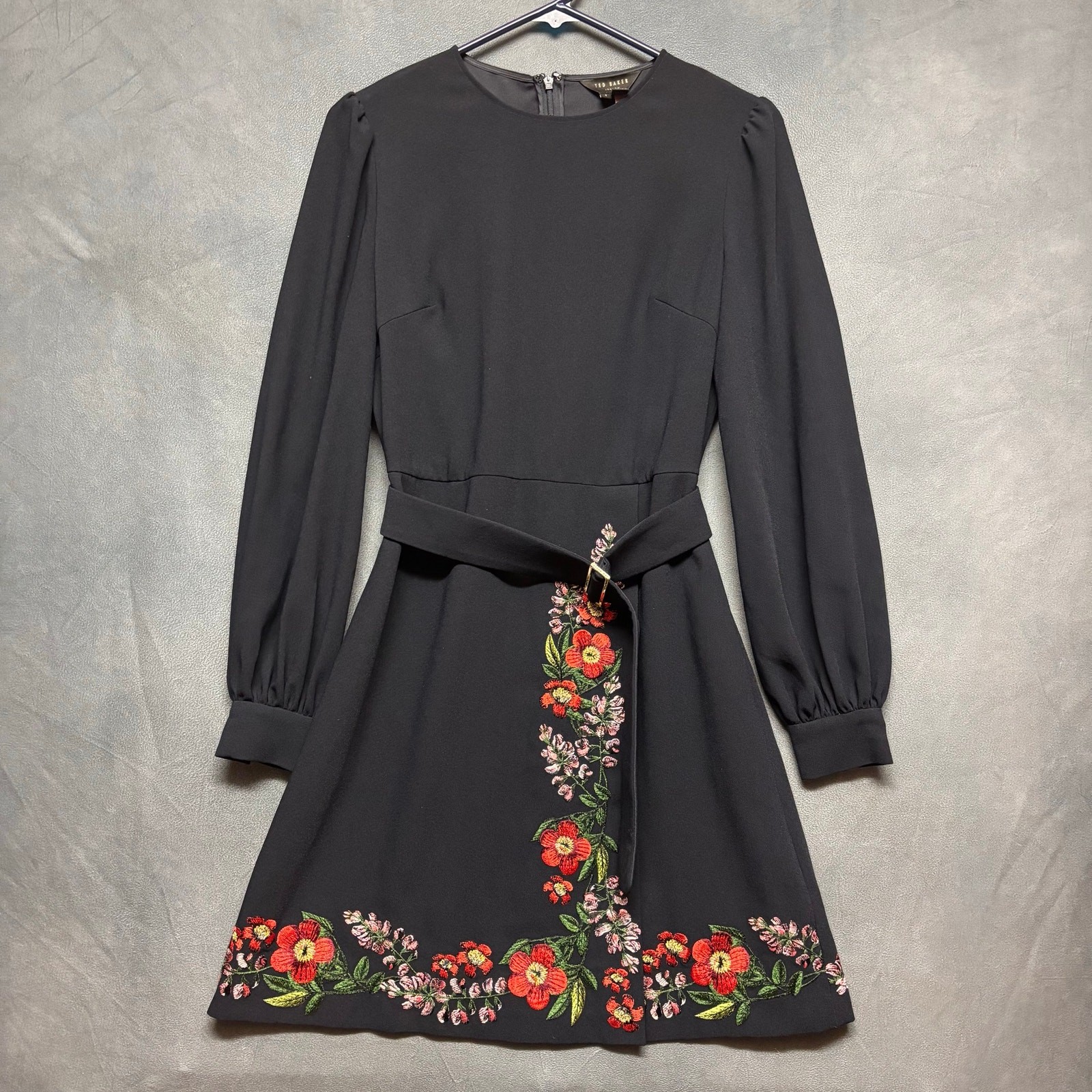 Ted Baker Embroidered Floral Black Mini Dress Belted Long Sleeve Size 1 Cottage