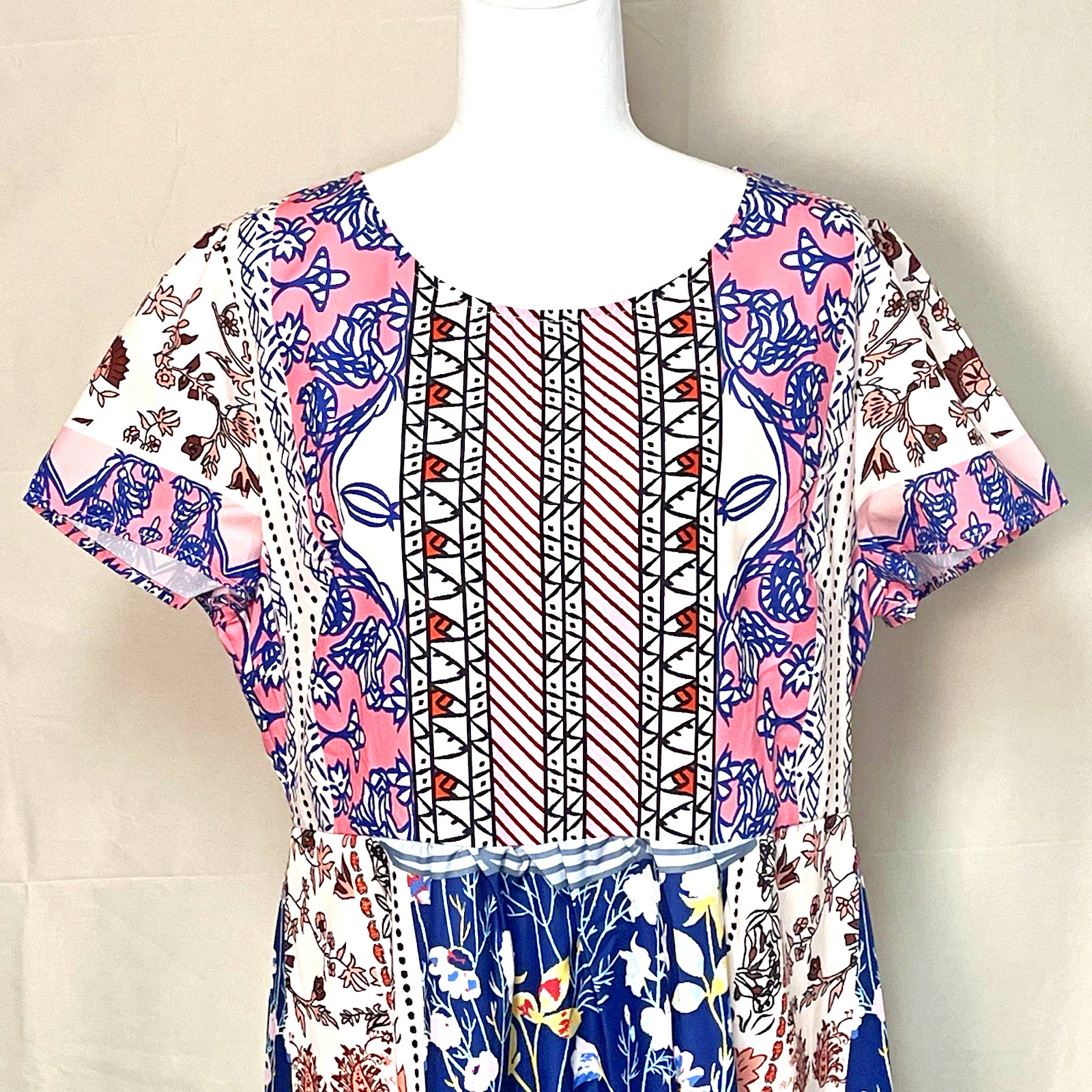 Pretty, Casual Boho Midi XL Zip Dress Patchwork Floral Cotton Blend Short Sleeve