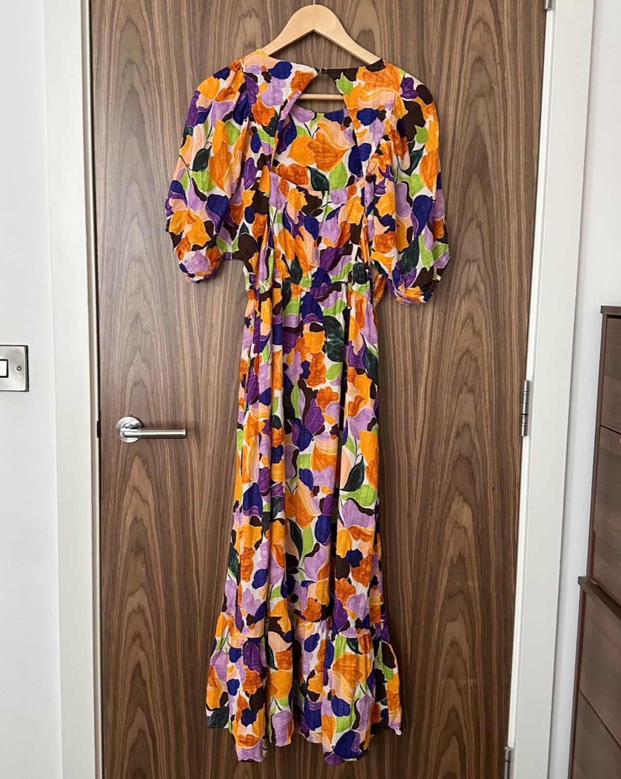 Oliver Bonas Purple Orange Abstract Petal Floral Puff Sleeve Midi Maxi Dress 10