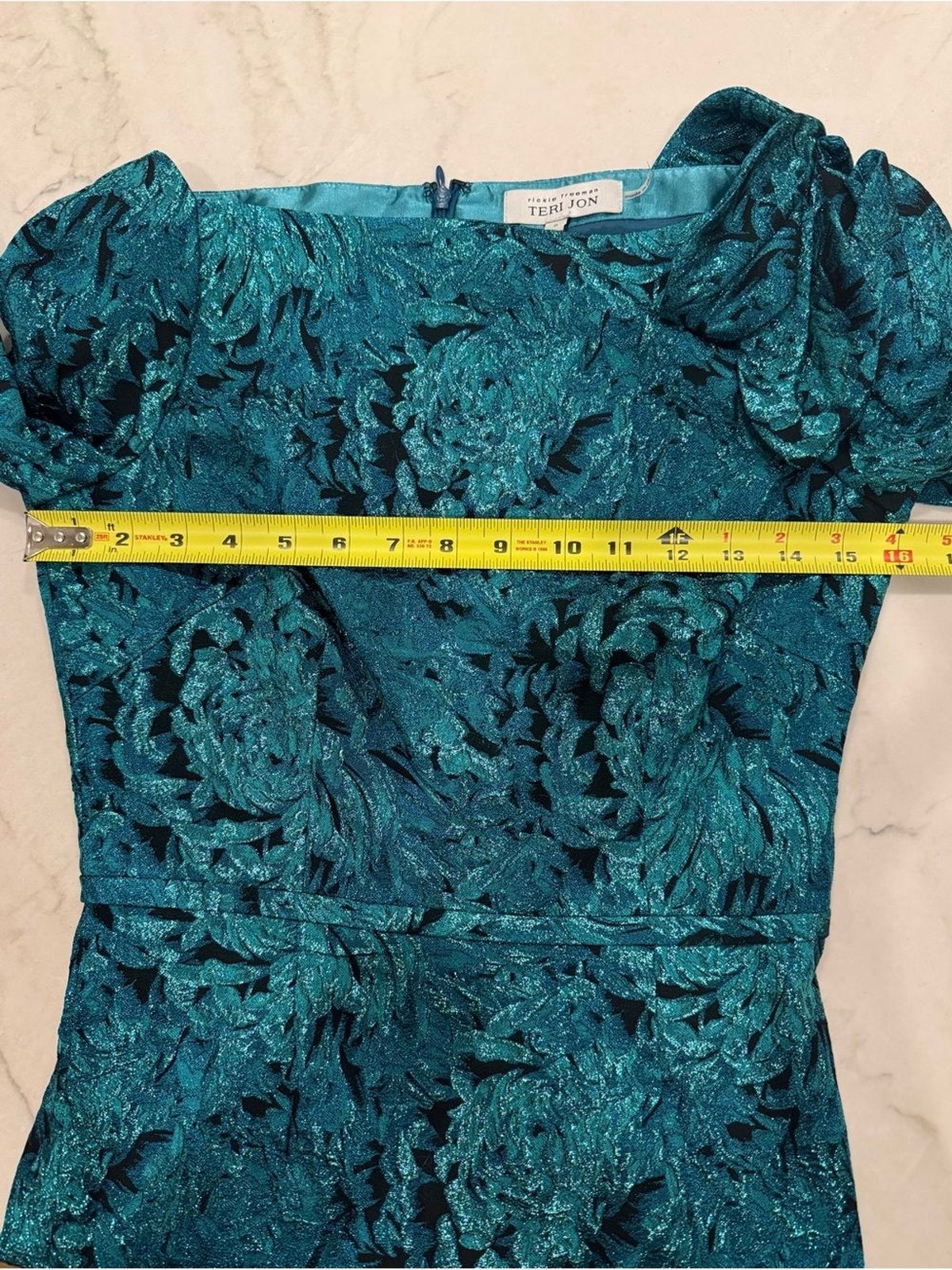 Teri Jon Rickie Freeman Teal Metallic Floral Jacquard Bow Shoulder Sheath Dress