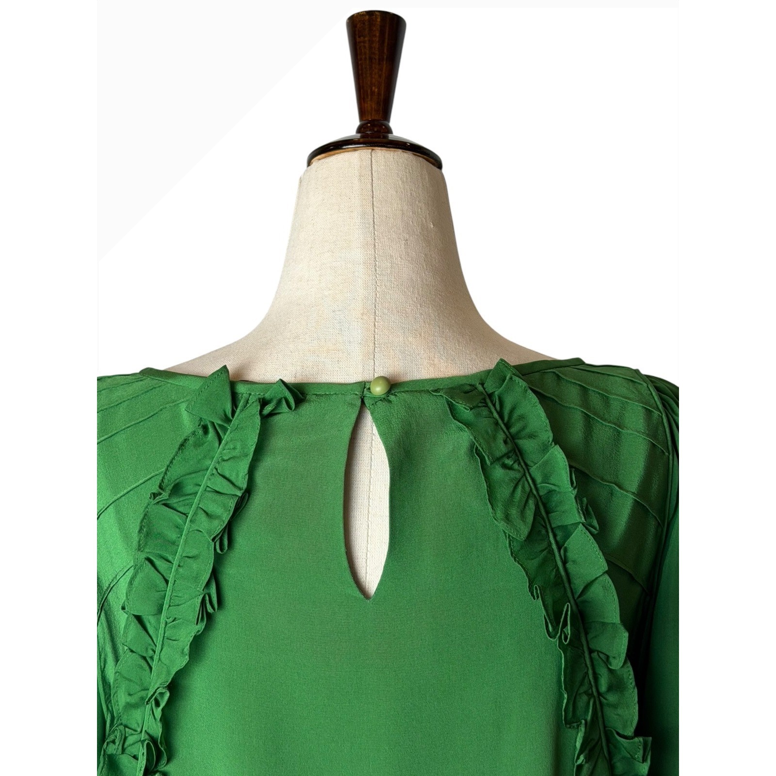 Tibi Silk Shift Dress Women 4 Green Ruffle Pintuck Puff Sleeve Luxury Silky