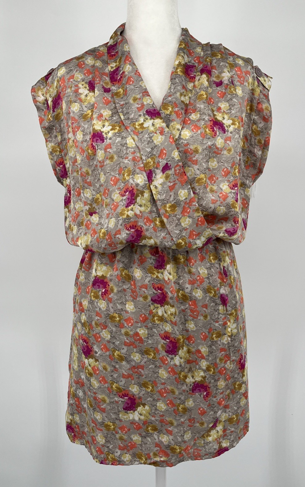 Gold & Orange Floral Mini Faux Wrap Dress Kimono Style Wedding Guest Garden Sz S